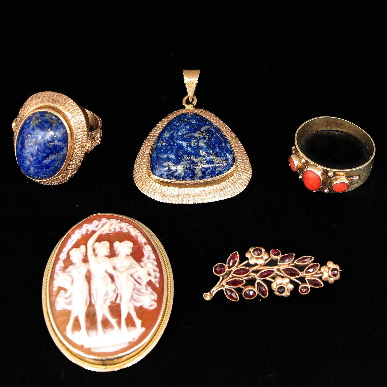 A Collection of Jewelry: Including 14KG, including 2 rings, 2 pendants and brooch, set with red coral, lapis lazuli, garnet and cameo, ring size 17.