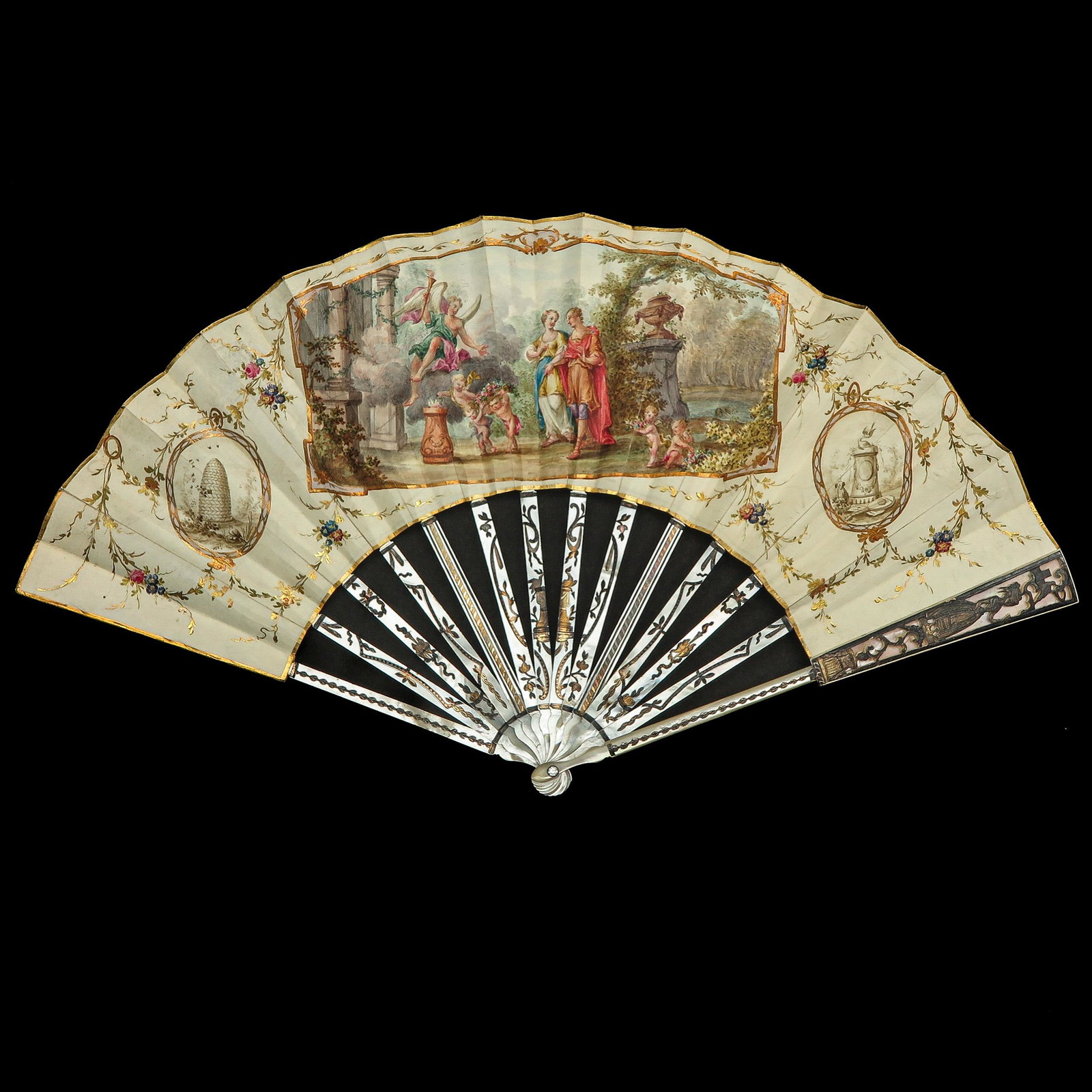 An 18th Century Dutch Fan: Holland, 18th century, painted representation of marriage, with mother-of-pearl ribs, silver overlay, width 52 cm. This lot will not be shipped outside the EU.
