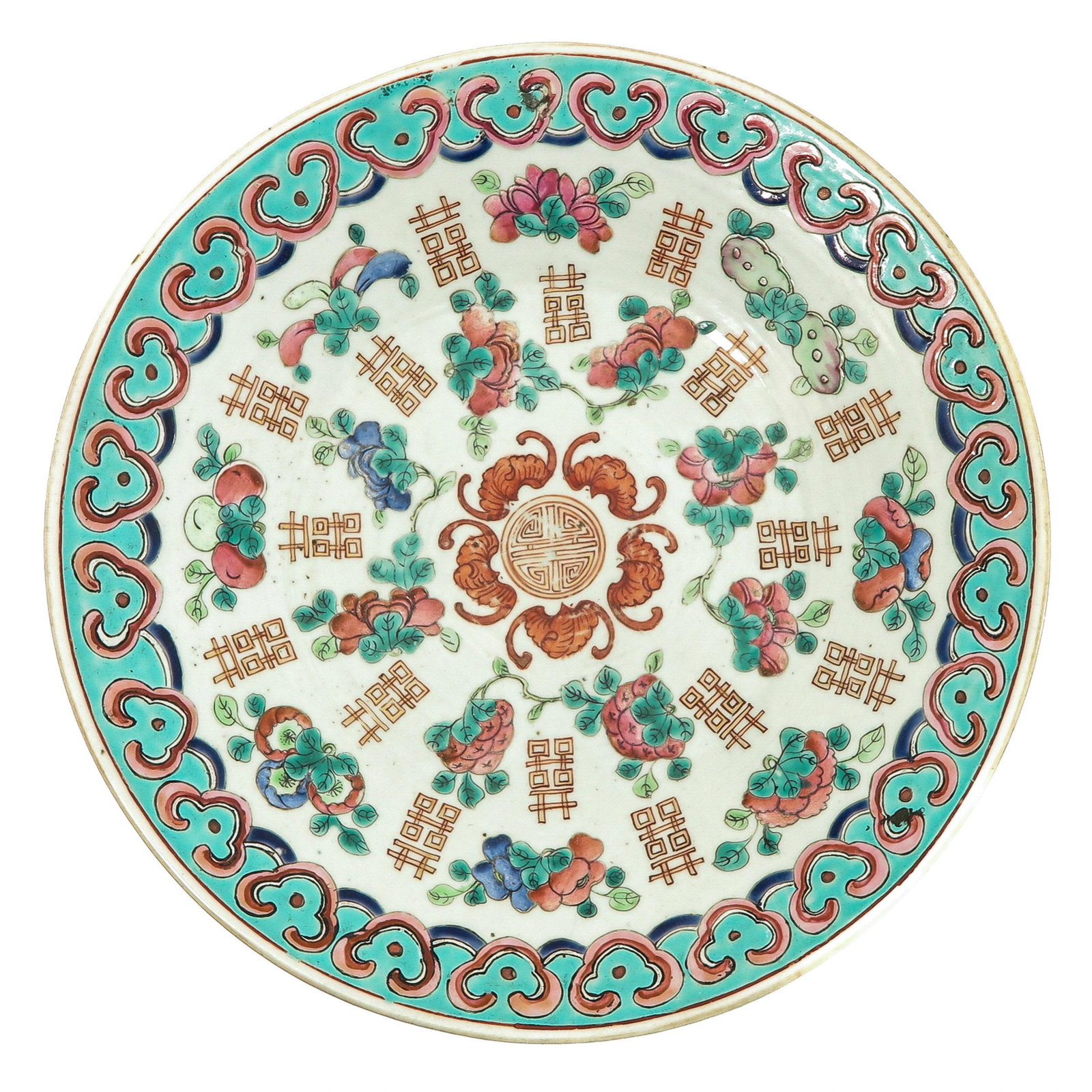 A Famille Rose Charger: Decorated with flowers, bats, and Chinese symbols, 29 cm. in diameter.