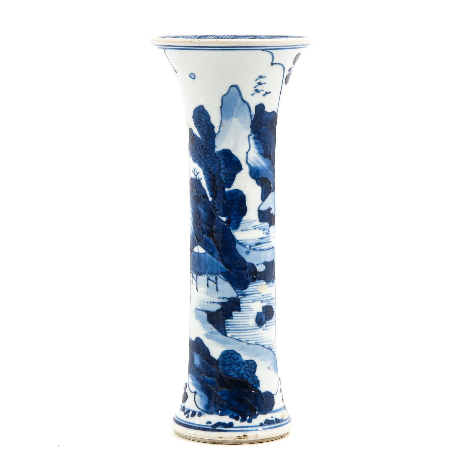 A Blue and White Garniture Vase: Landscape decor, Kangxi Period, 18 cm. tall, with restoration.
