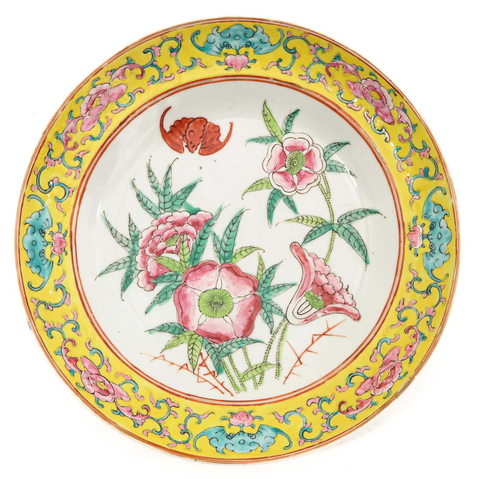 A Famille Rose Plate: Decorated with flowers and bat, 24 cm. in diameter, chp.