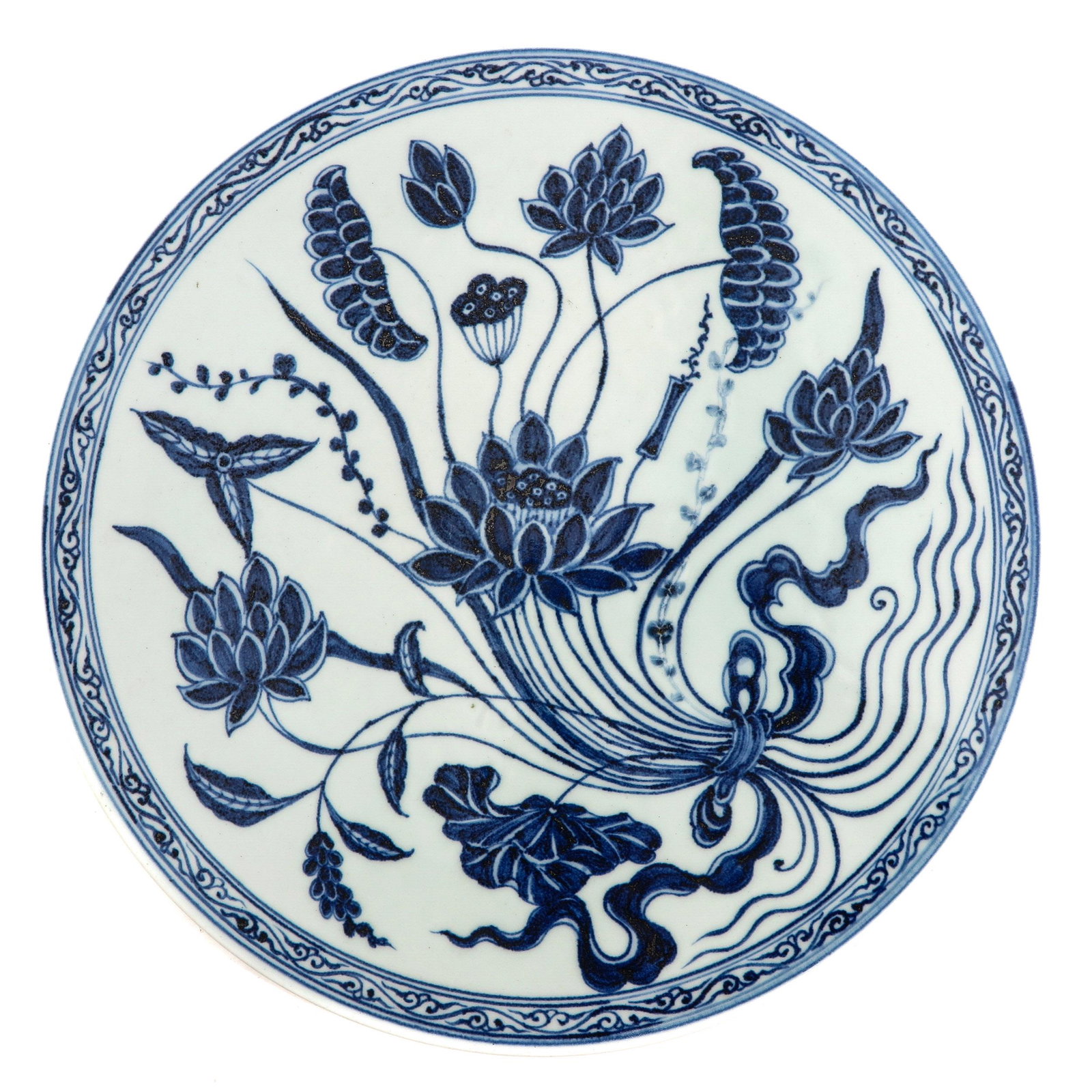 A Blue and White Tile: Decorated with flowers, 41 cm. in diameter.