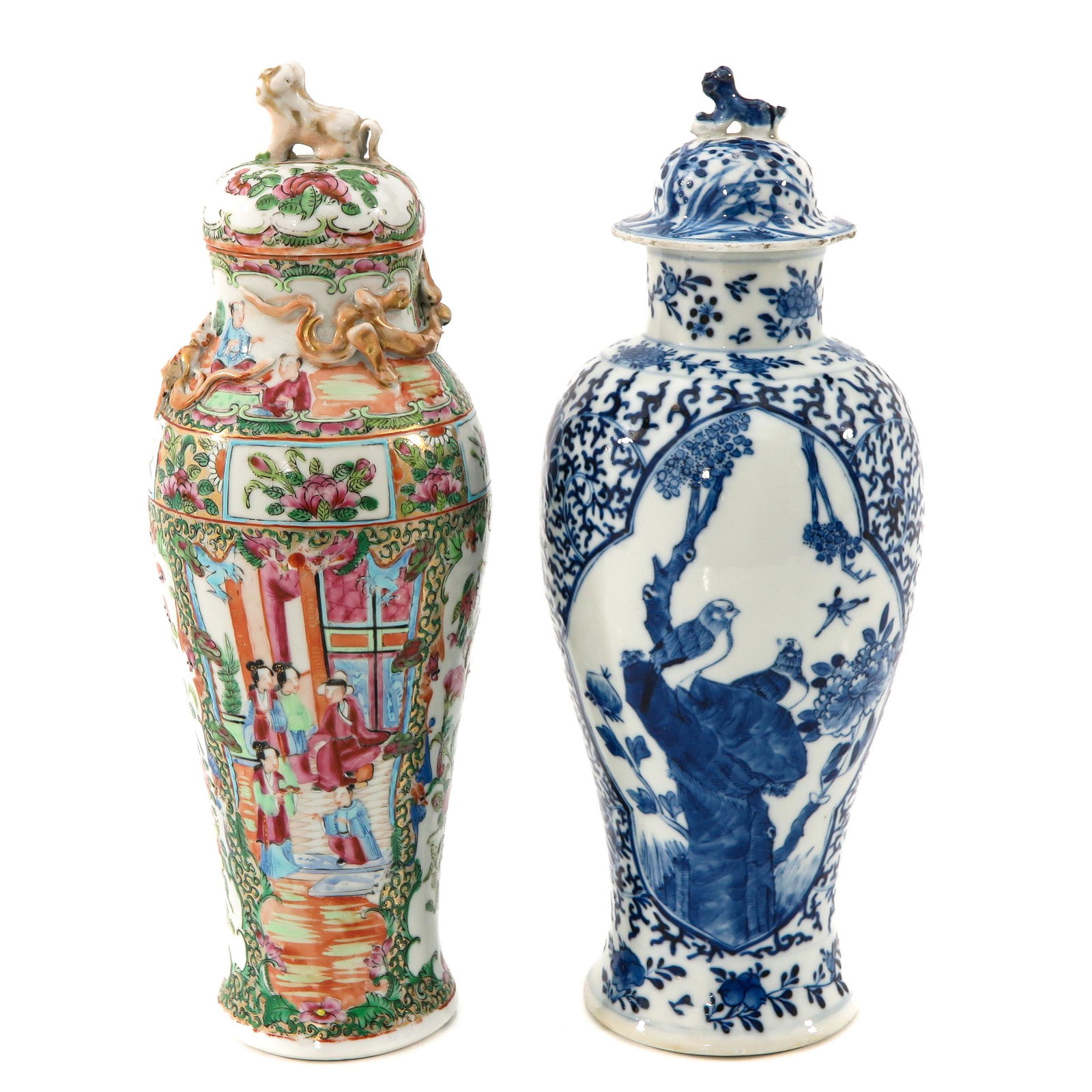 A Lot of 2 Garniture Vases: Including blue and white and Cantonese, tallest vase is 33 cm., covers are restored.