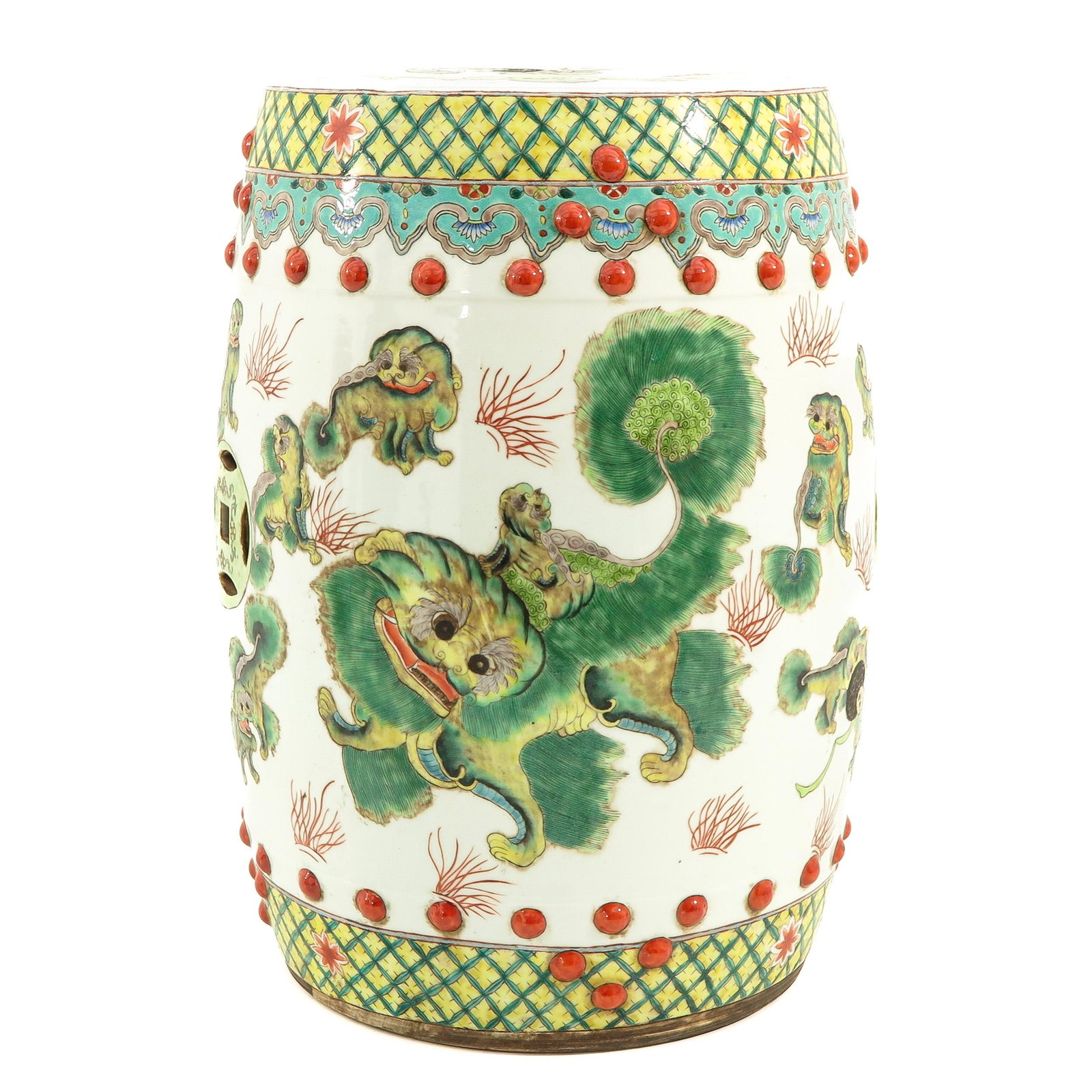 A Garden Seat: Decorated with temple lions, 49 cm. tall. This lot will not be shipped.