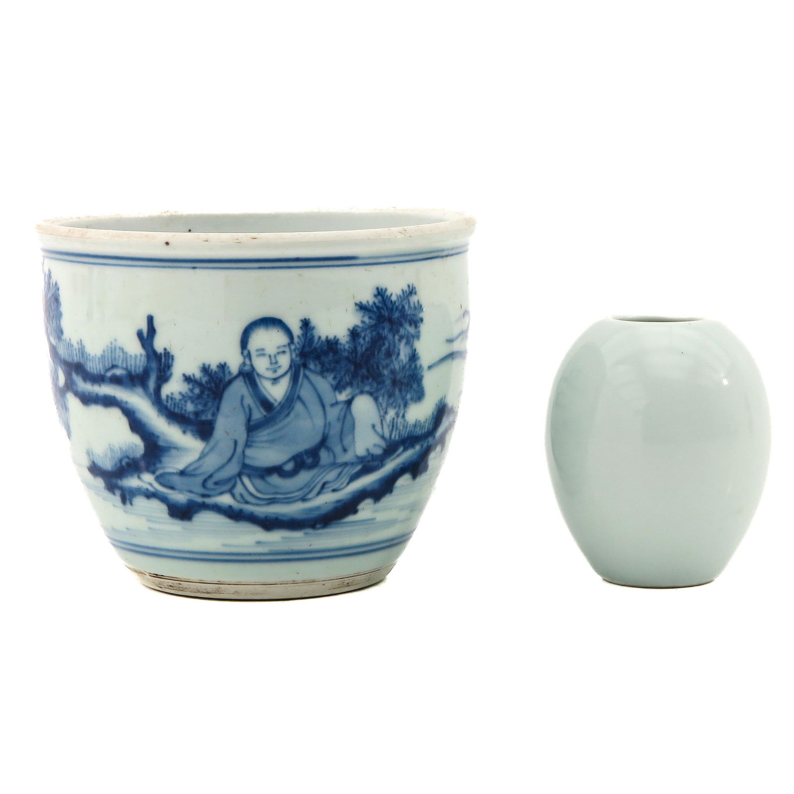 A Blue and White Pot and Celadon Vase: Pot depicting scene with Chinese man under tree and is 10 cm. tall.