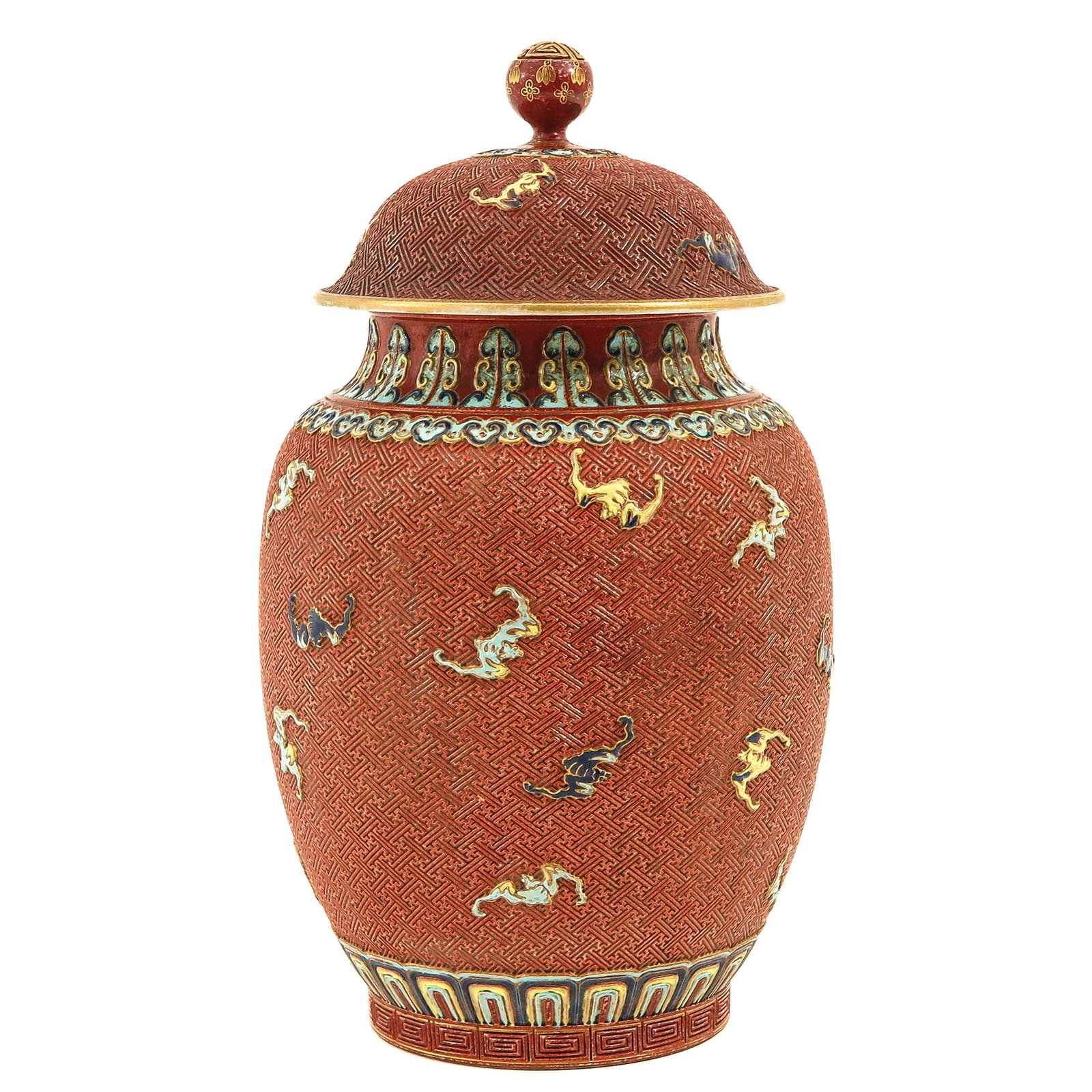 A Jar with Cover: Decorated with bats, Qianlong mark, 30 cm. tall.