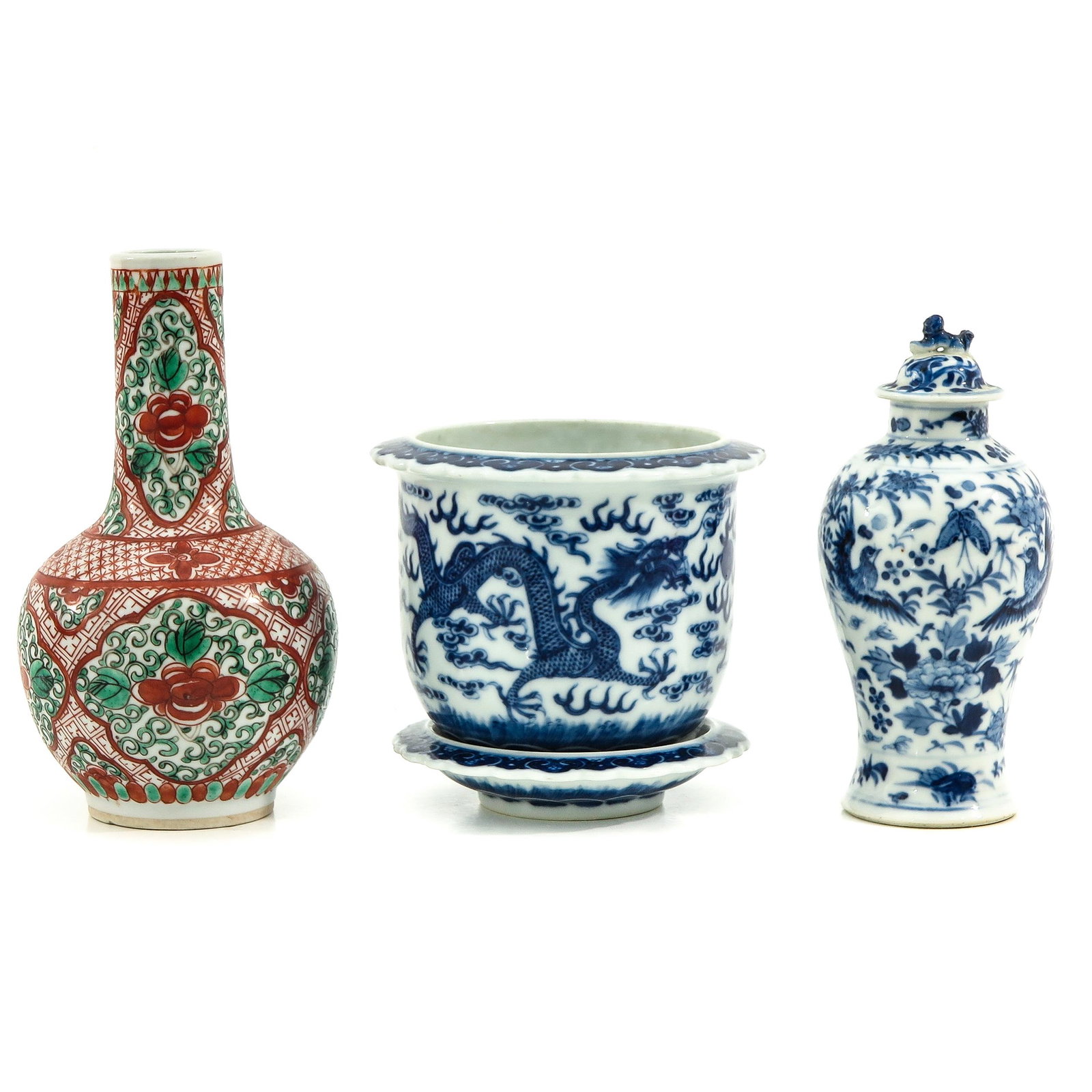 A Collectin of Porcelain: Including garniture vase, vase, and planter with underplate with Kangxi mark, pot is 18 cm. tall, vase is restored.
