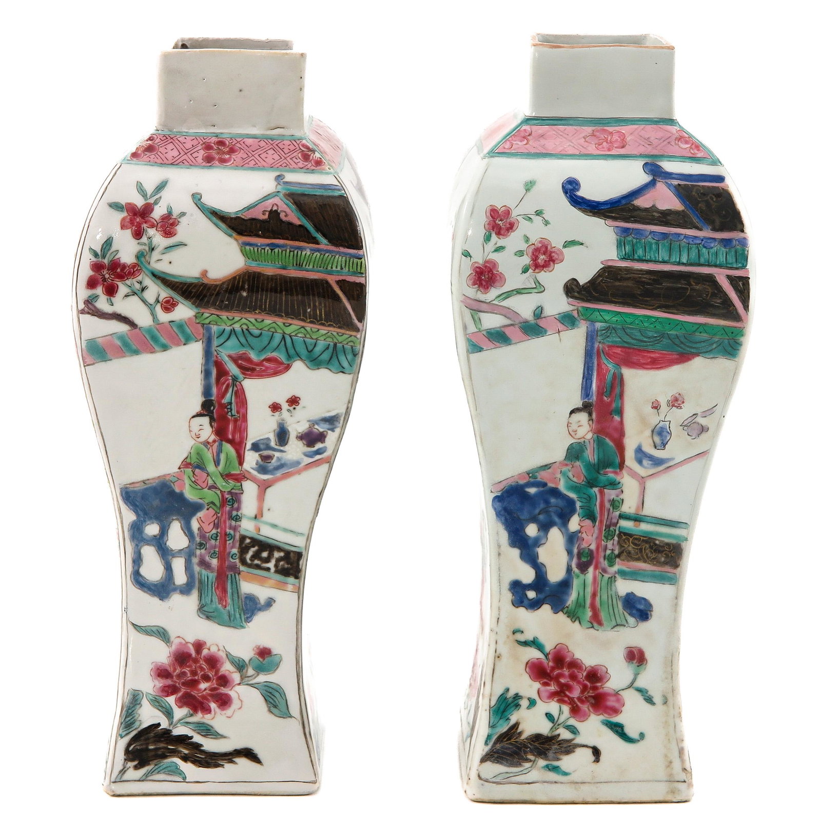 A Pair of Famille Rose Garniture Vases: Decorated with Chinese figures, 27 cm. tall, with restoration.