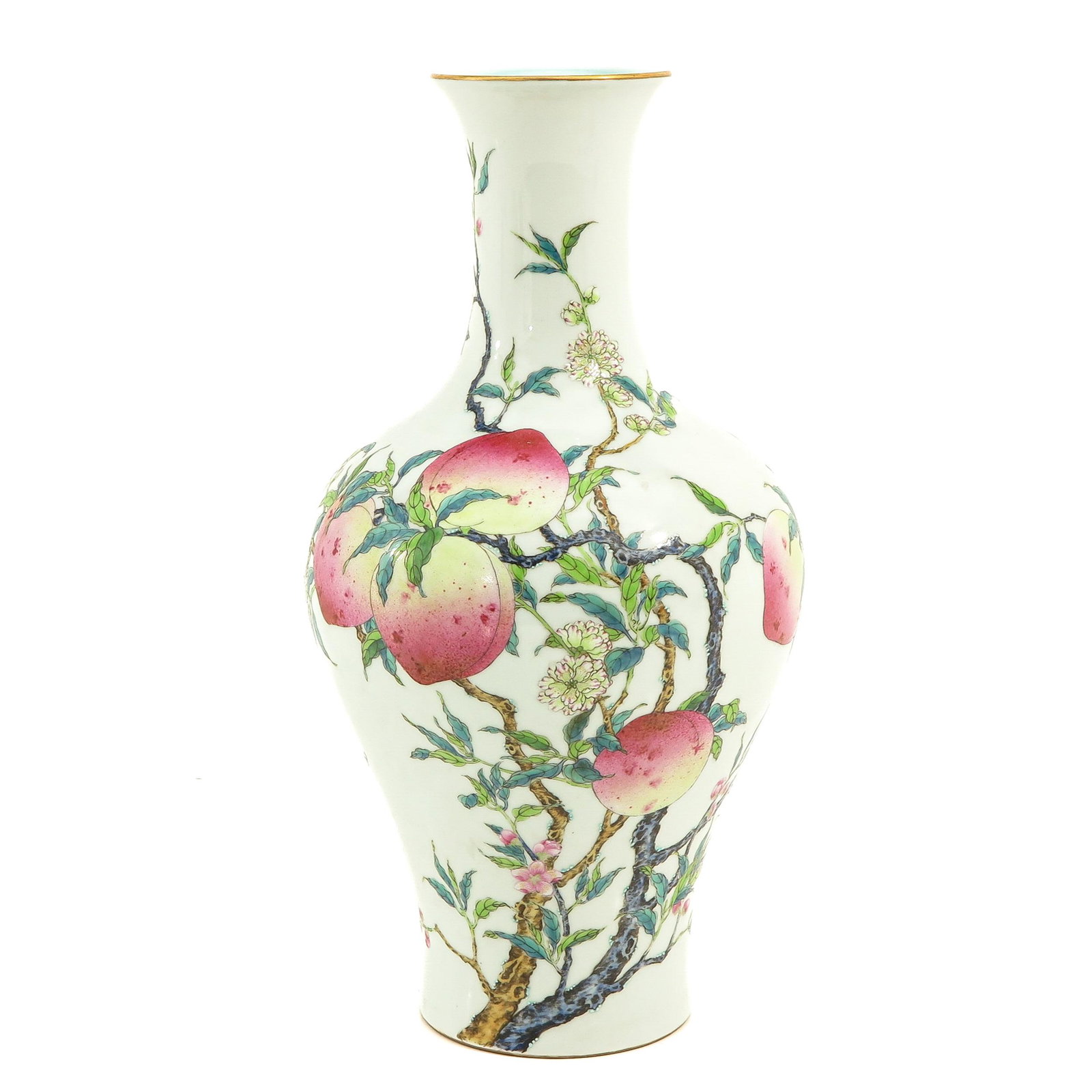 A Famille Rose Vase: Decorated with peaches and bats, Qianlong mark, 34 cm. tall.