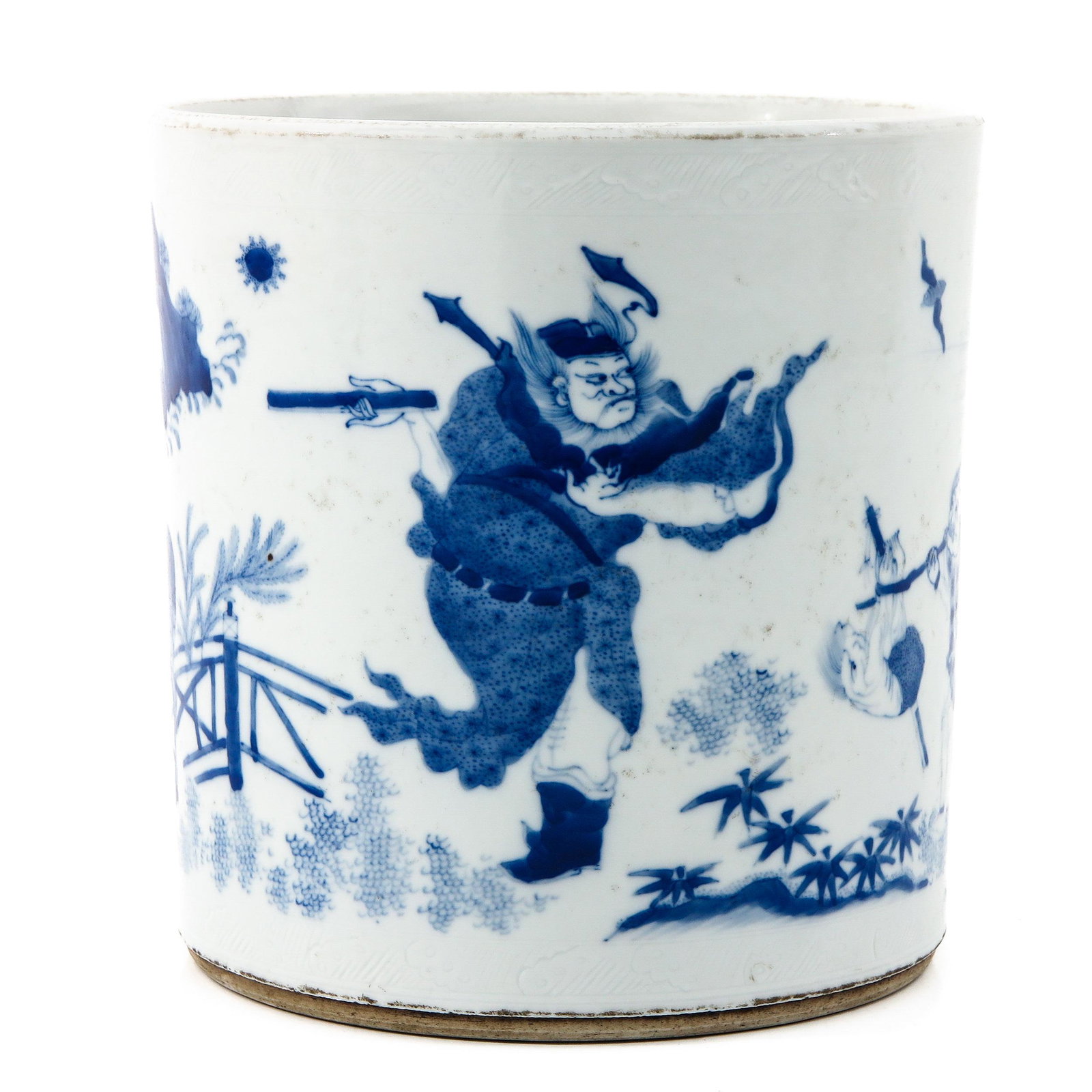 A Blue and White Brush Pot: Decorated with Chinese figures and animals in garden, 19 cm. tall.