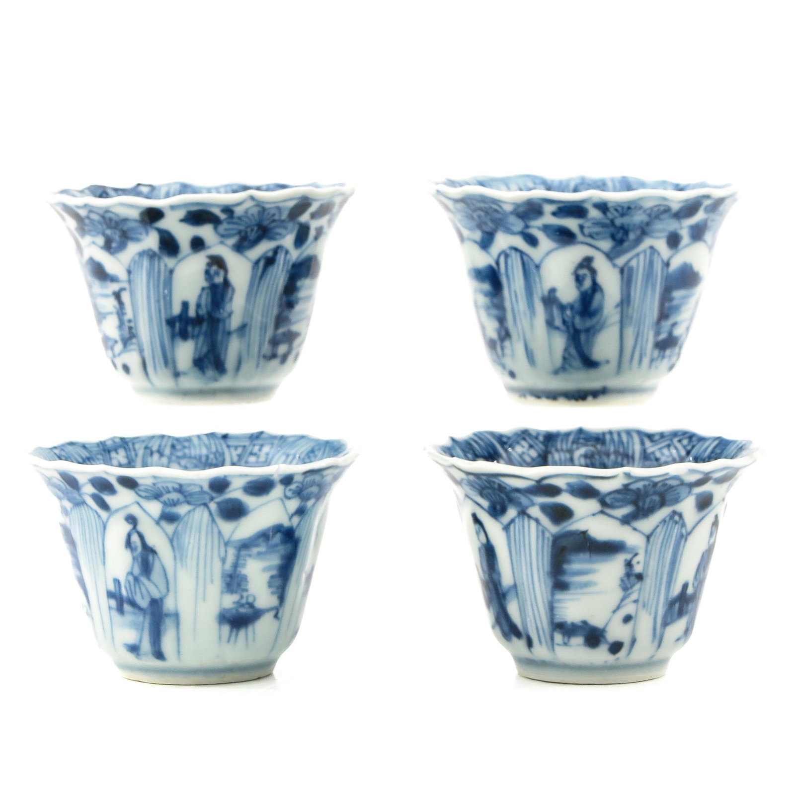A Lot of 4 Blue and White Cups: Decorated with Chinese figures, 7 cm. in diameter, chip and hairline.