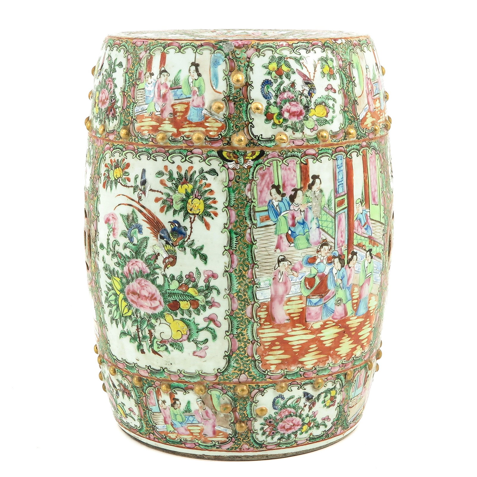 A Cantonese Garden Stool: Decorated with Chinese figures, butterflies, and flowers, 46 cm. tall, chip. This lot will not be shipped.