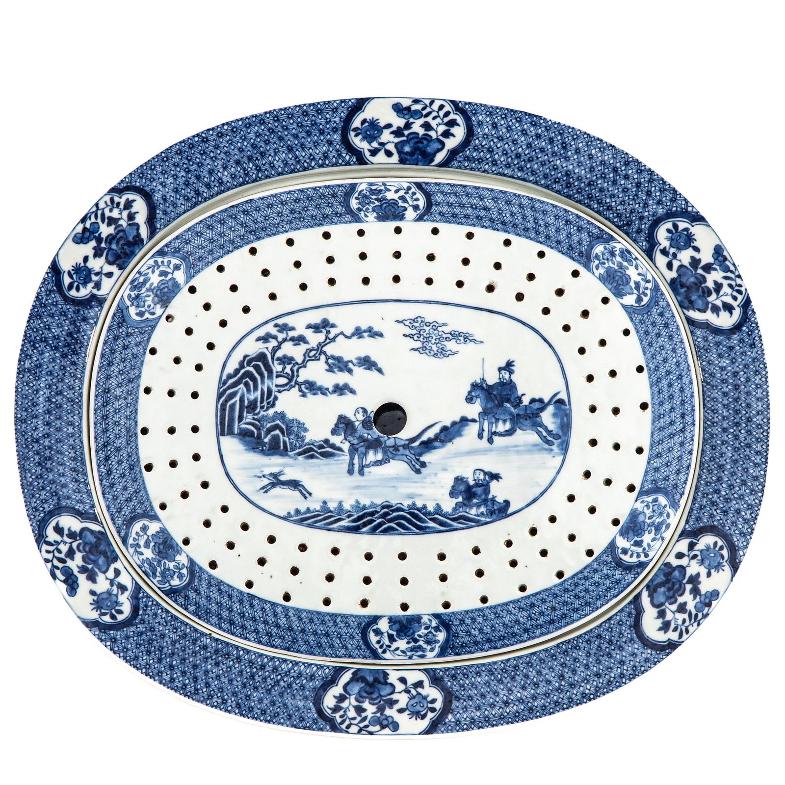 A Blue And White Serving Dish With Strainer