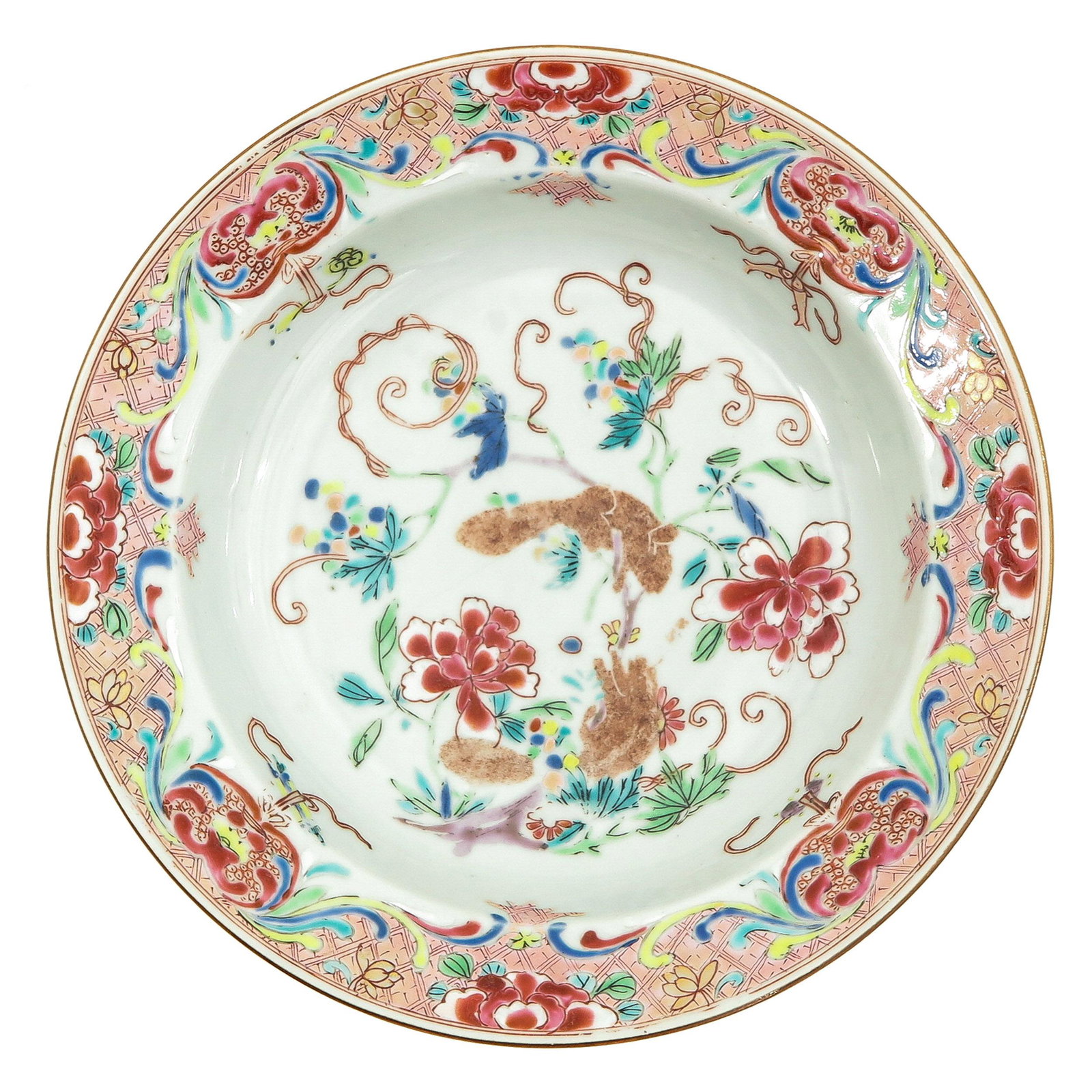 A Famille Rose Plate: Depicting scene in garden with flowers and rat, 18th Century, 22 cm. in diameter, hairline.