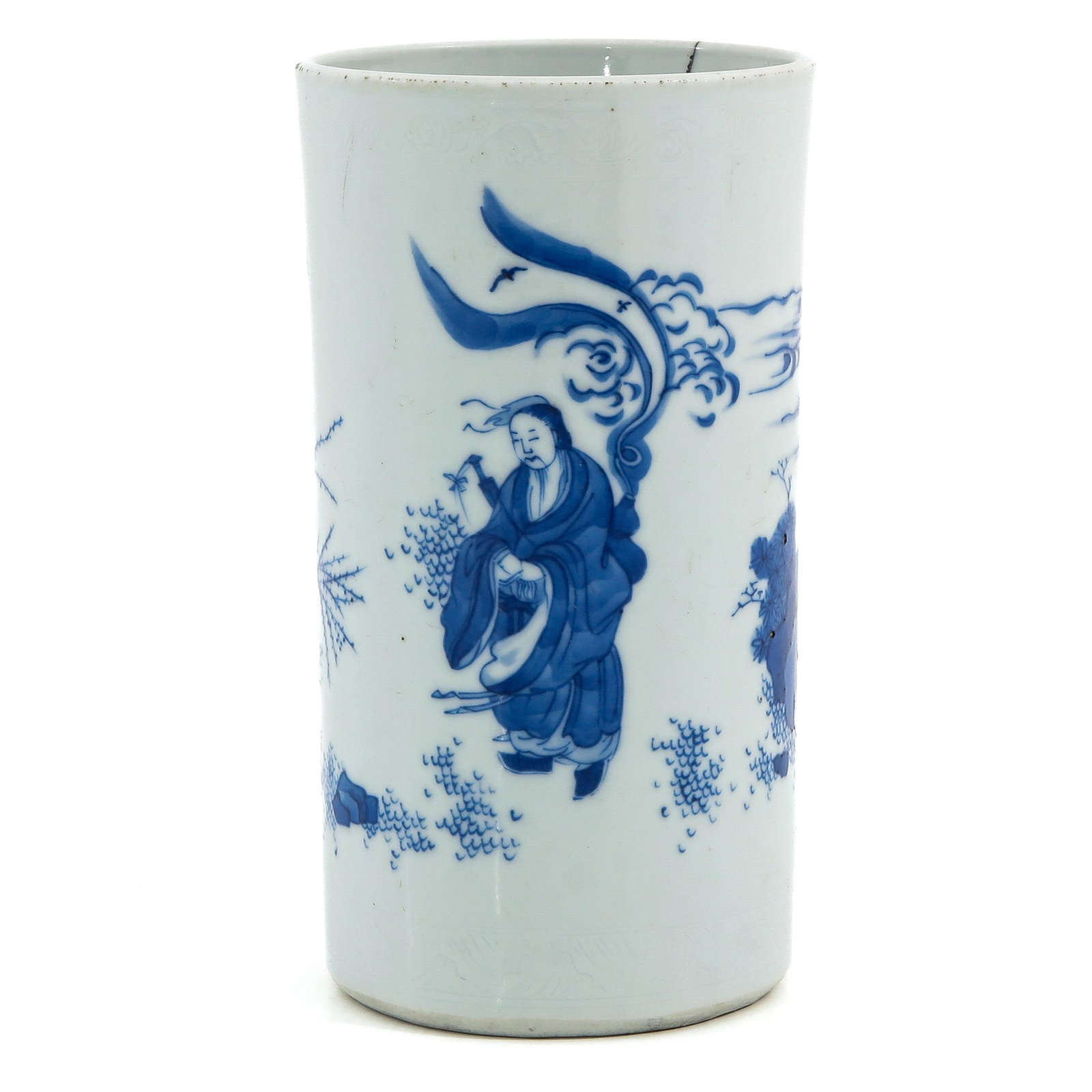 A Blue and White Brush Pot: Decorated with Chinese figures and deer, 18 cm. tall, restored.