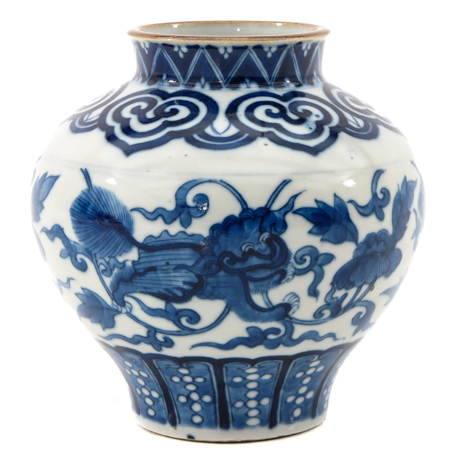 A Blue and White Pot: Decorated with temple lions and flowers, 14 cm. tall.