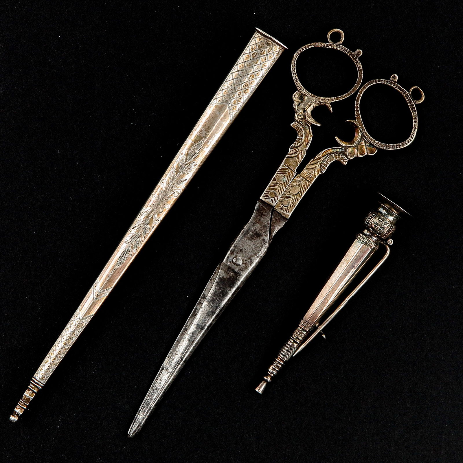 A Collection of Items: Consisting of 18th century scissors and 2 needle cases, including Gebr. Reitsma, Heerenveen, longest 17 cm.