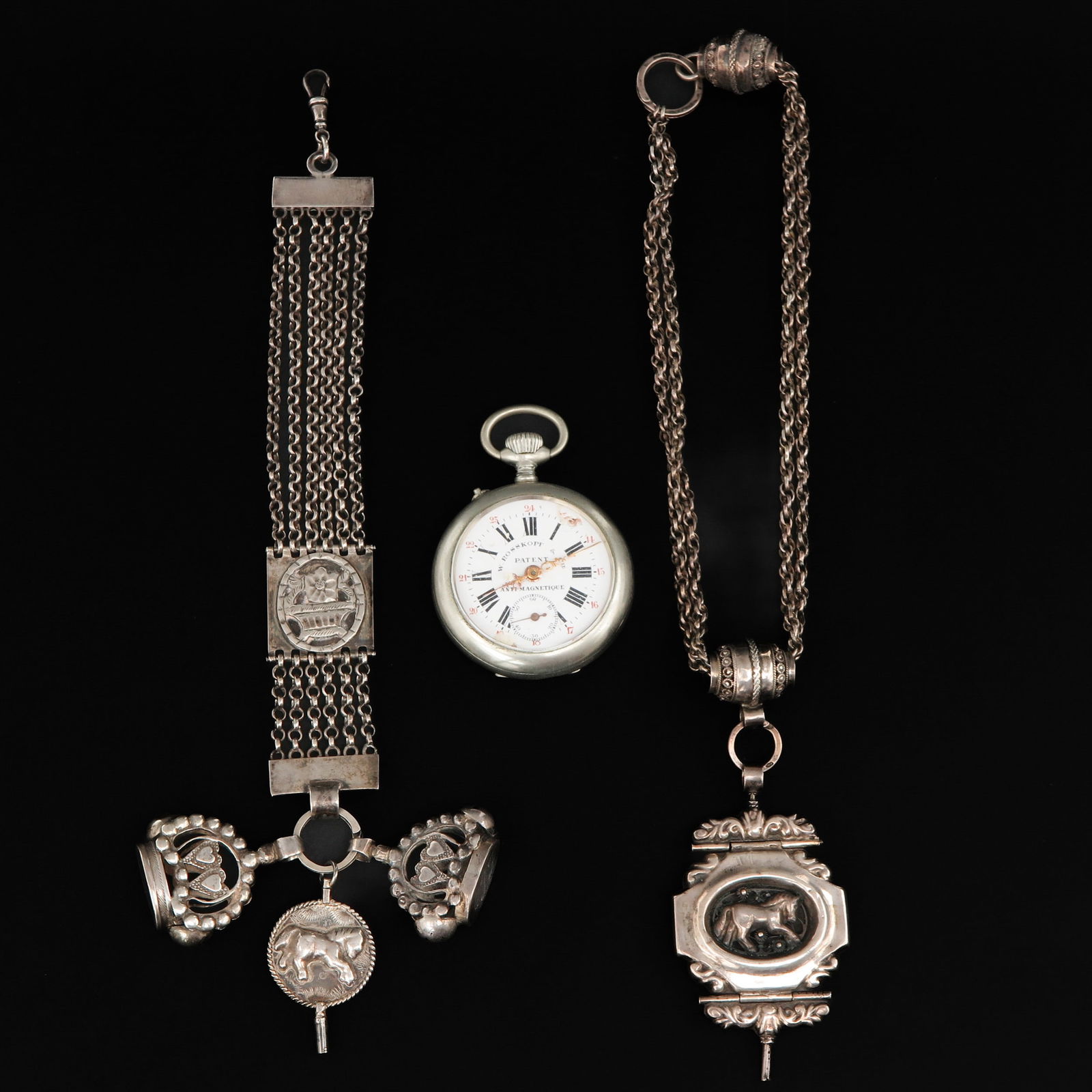 A Pocket Watch and 2 Silver Chatelaines: Longest is 24 cm.