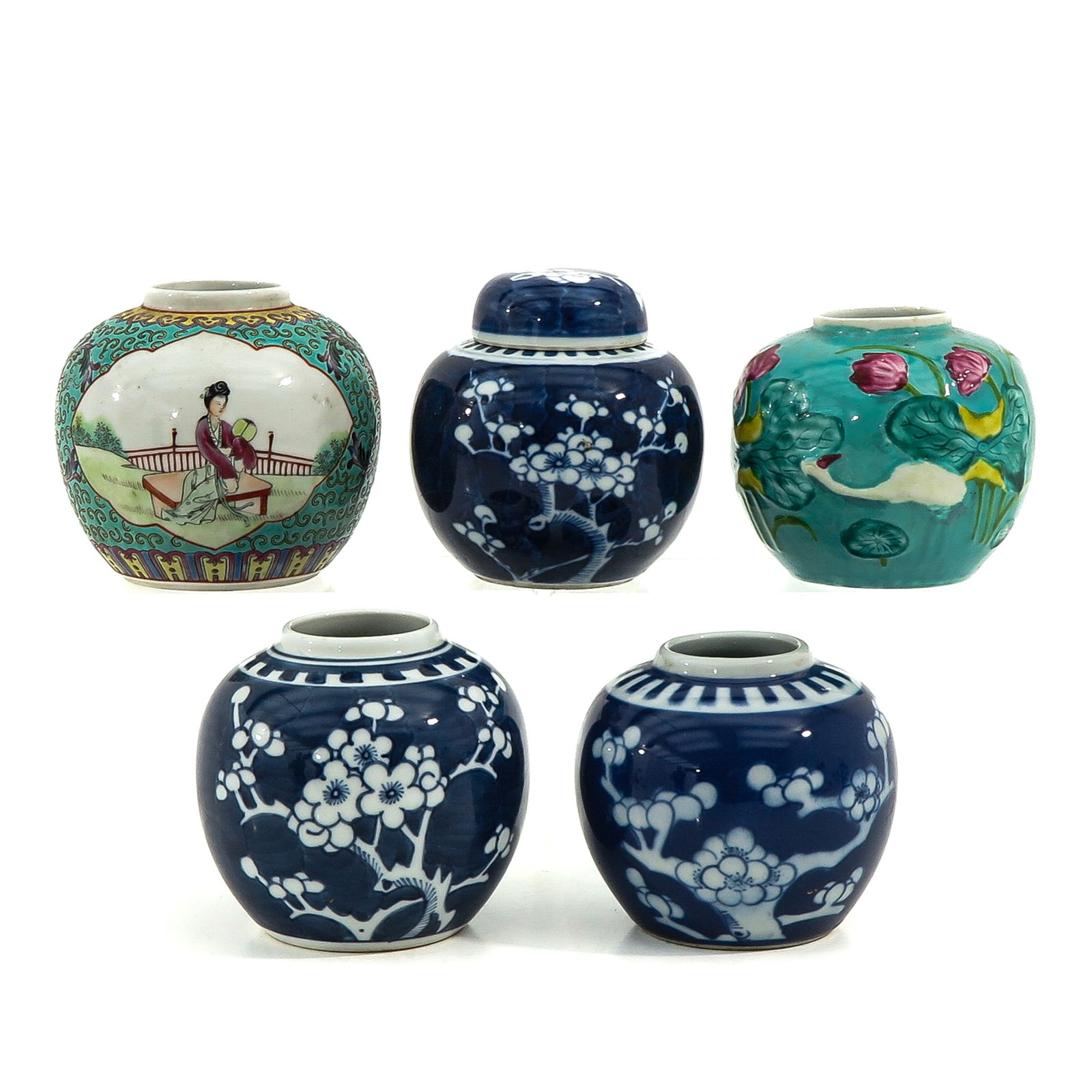 A Collection of 5 Ginger Jars: In a variety of decors and sizes, tallest jar is 11 cm., hairline.