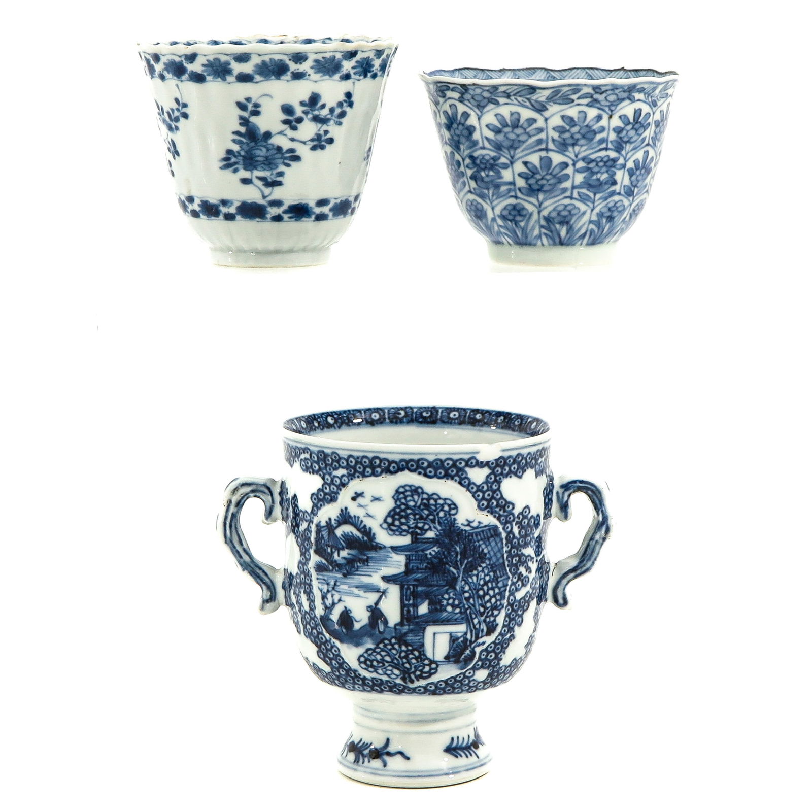 A Collection of Porcelain: 3 cups, including 1 with handles 11 cm. tall, chip and hairline.
