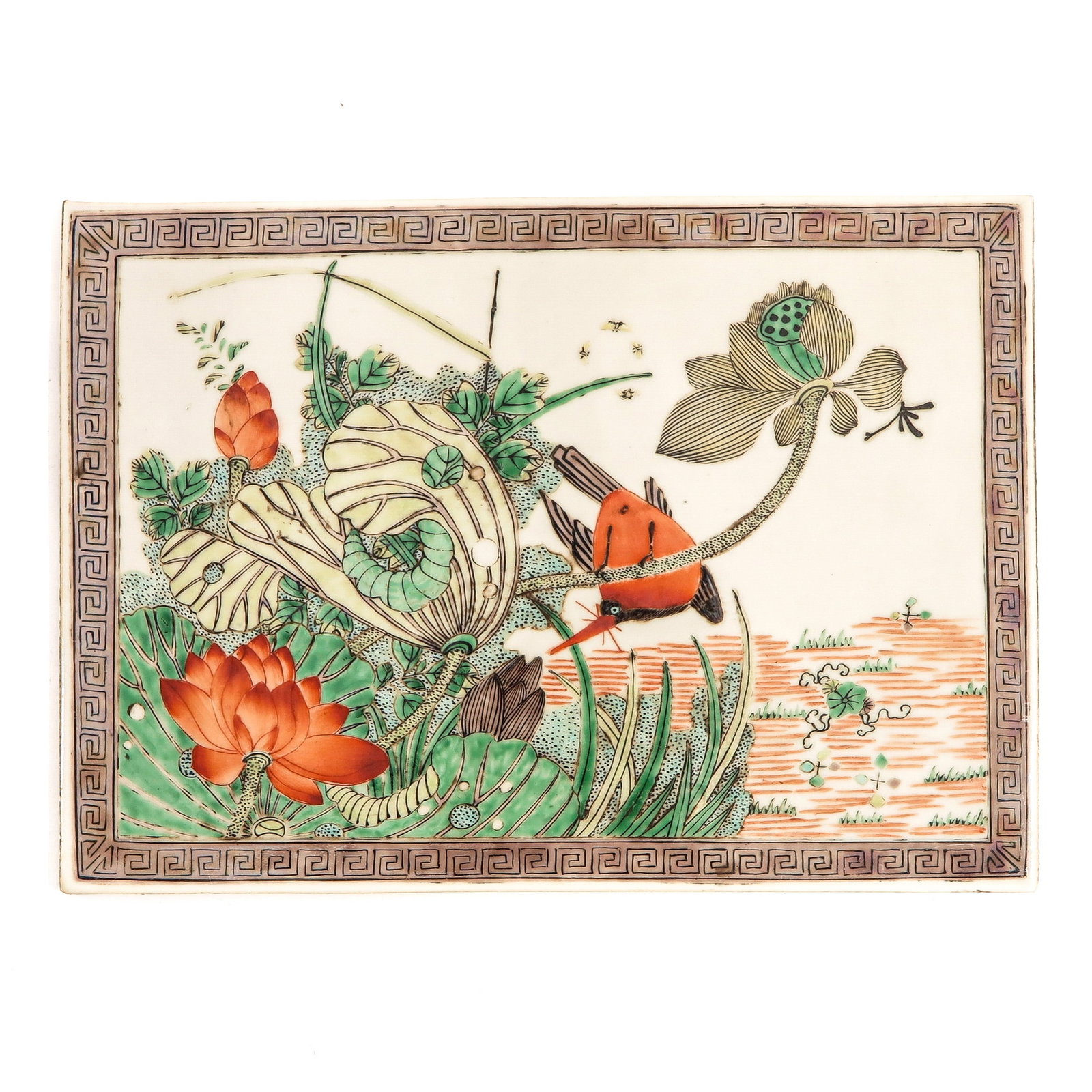 A Famille Verte Tile: Decorated with flowers, 32 x 22 cm.