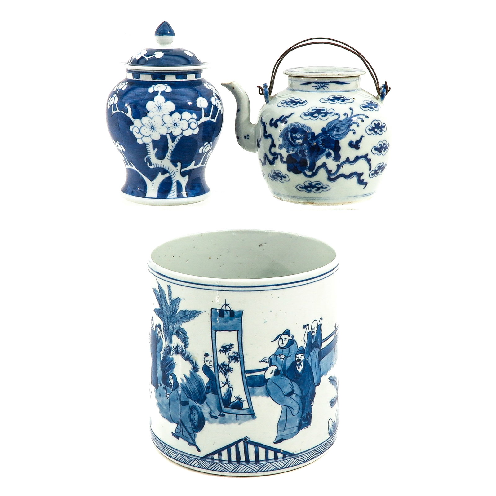 A Collection of Porcelain: Including teapot, brush pot, and vase with cover, brush pot is 17 cm. tall.