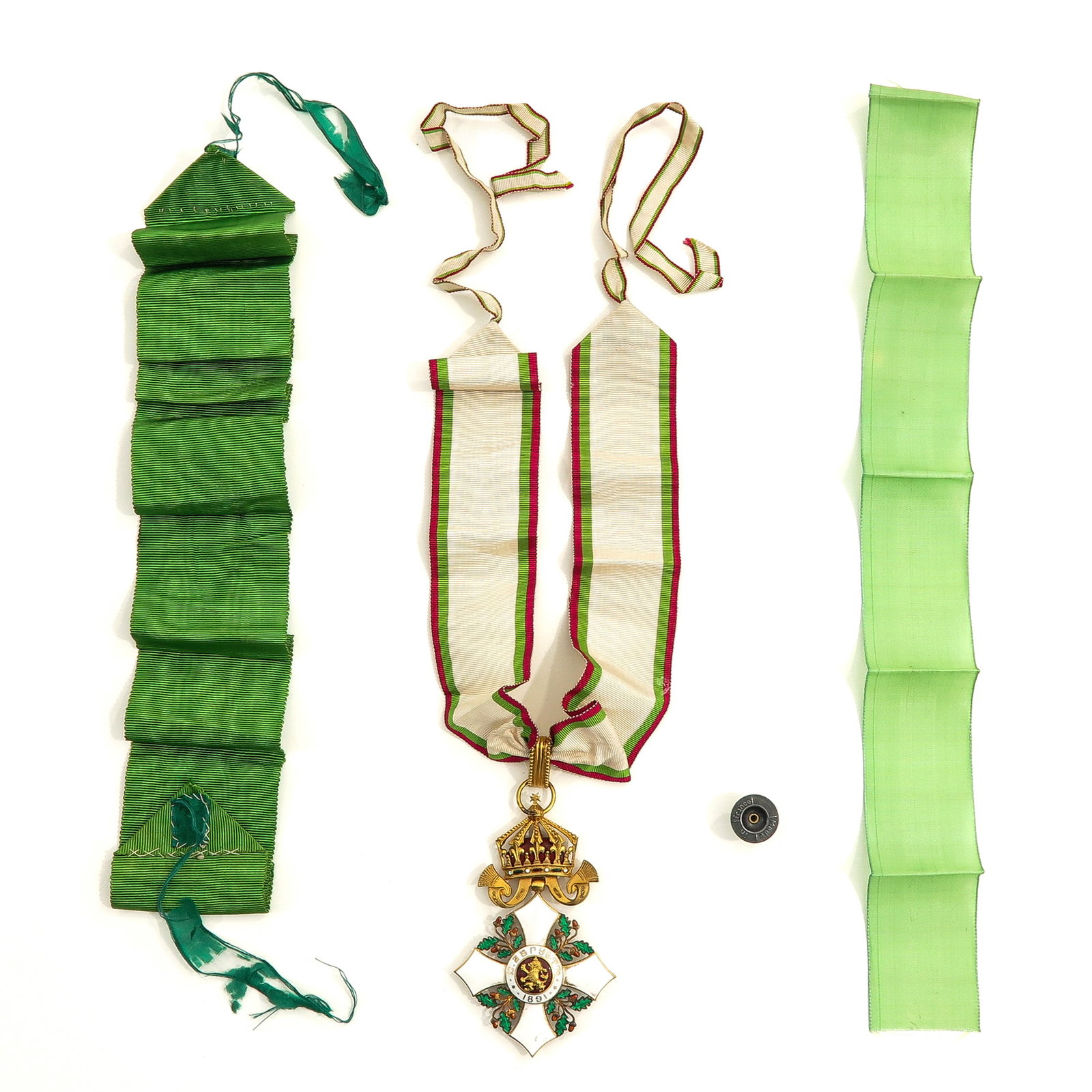 A Gold Plated and Silver Medal: Issued by Prince Ferdinant I, Order of Civil Merit, Bulgaria, gold-plated silver, length 11 cm, with ribbons and case.