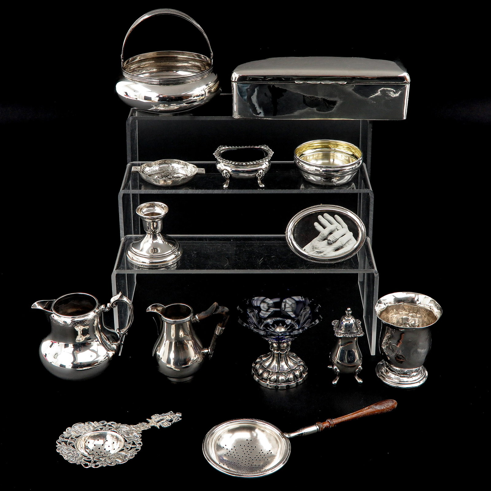 A Collection of Items: Including 1st degree English silver box, 18 cm. long.