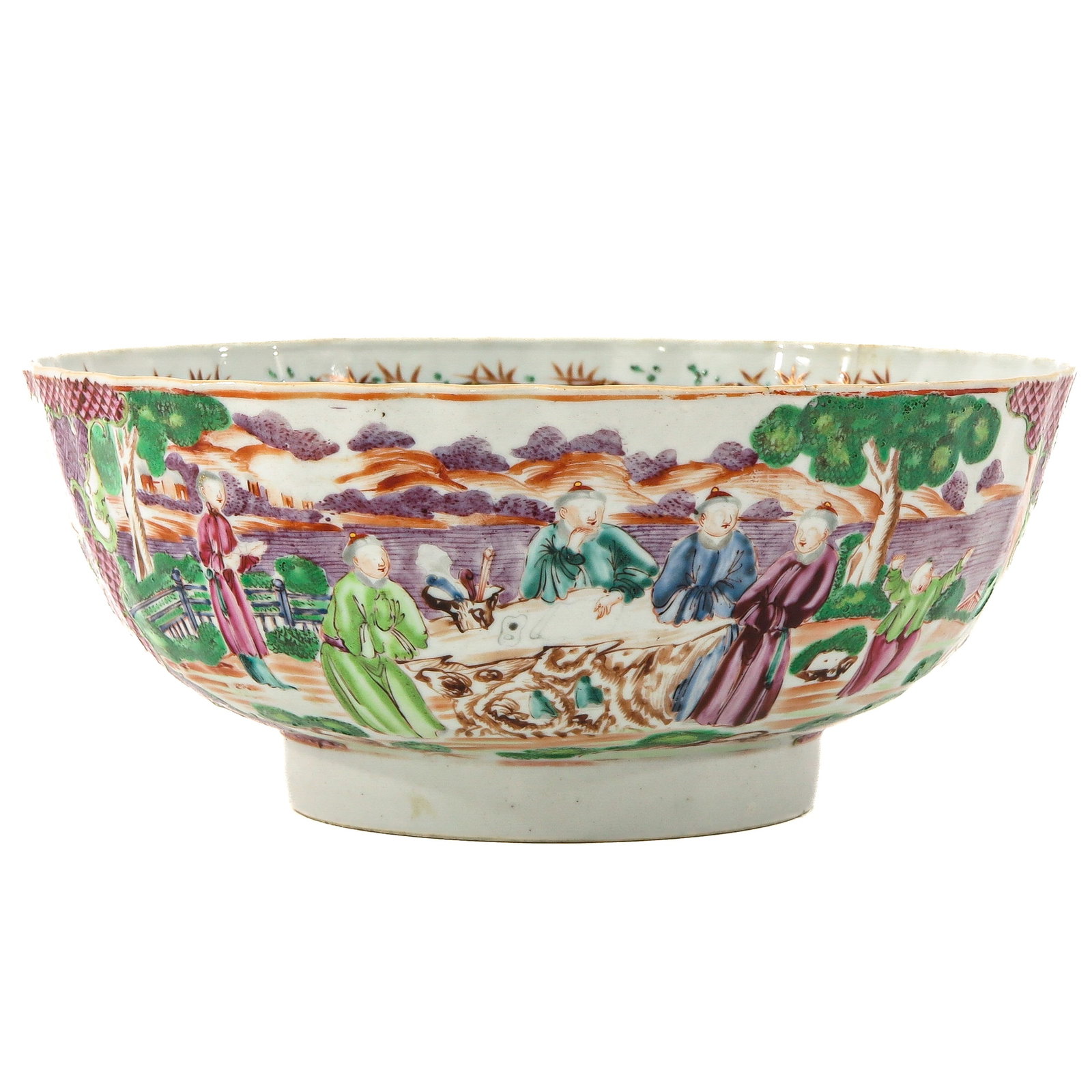 A Mandarin Decor Serving Bowl: Depicting Chinese figures, 26 cm. in diameter, chip, restored hairline.