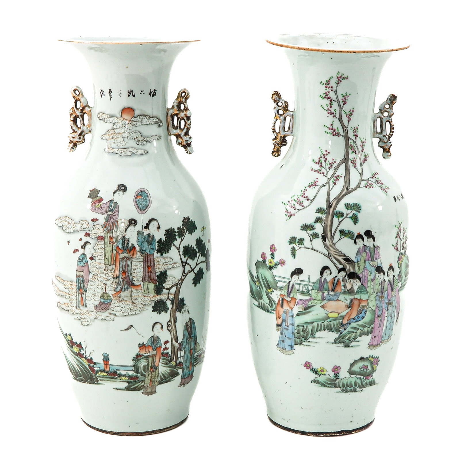 A Lot of 2 Qianjiang Cai Decor Vases: Depicting Chinese figures in garden, 57 cm. tall.