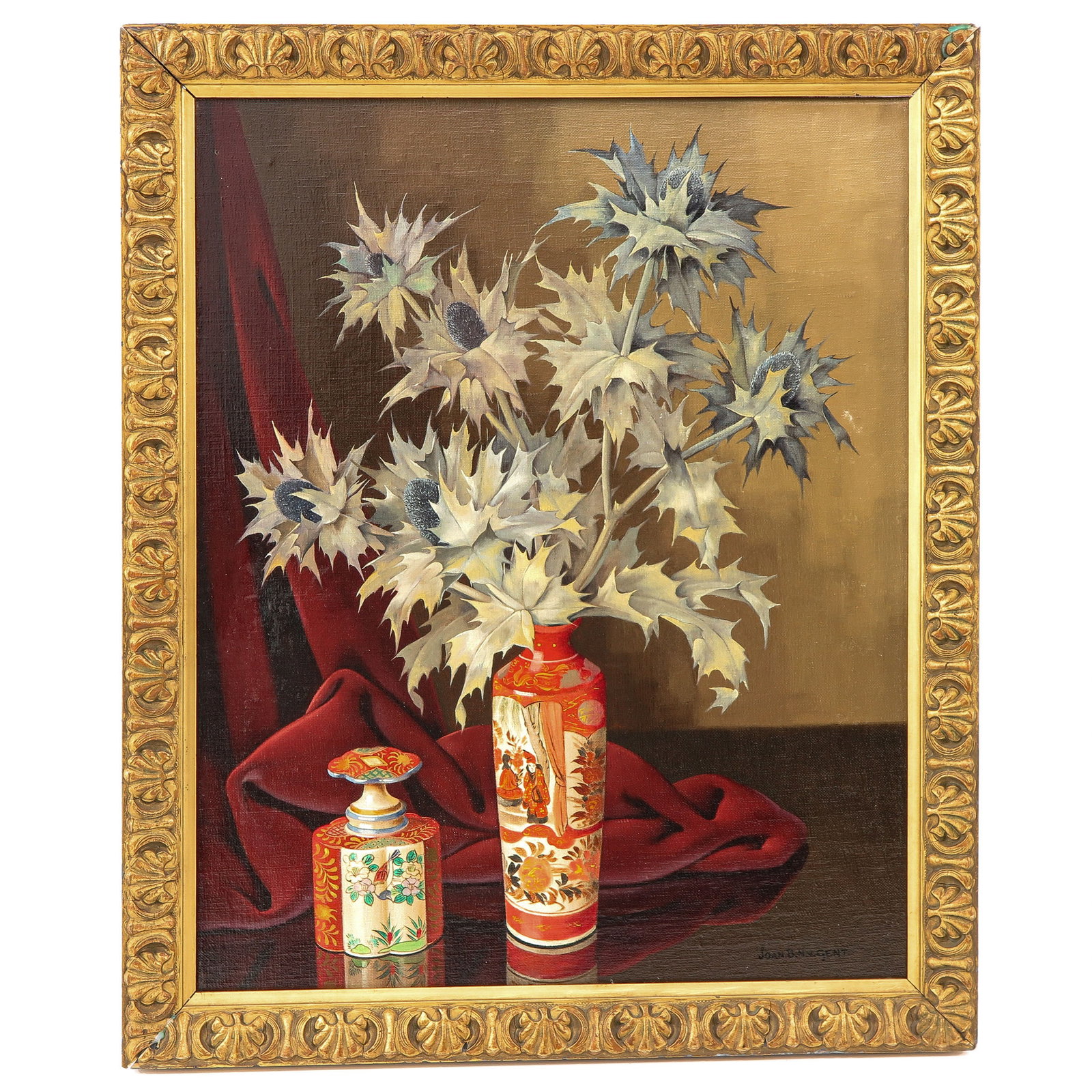 An Oil on Canvas: oil on canvas, depicting still life with sea thistle and Asian porcelain, signed Joan B.N.v. Ghent, 40 x 50 cm.