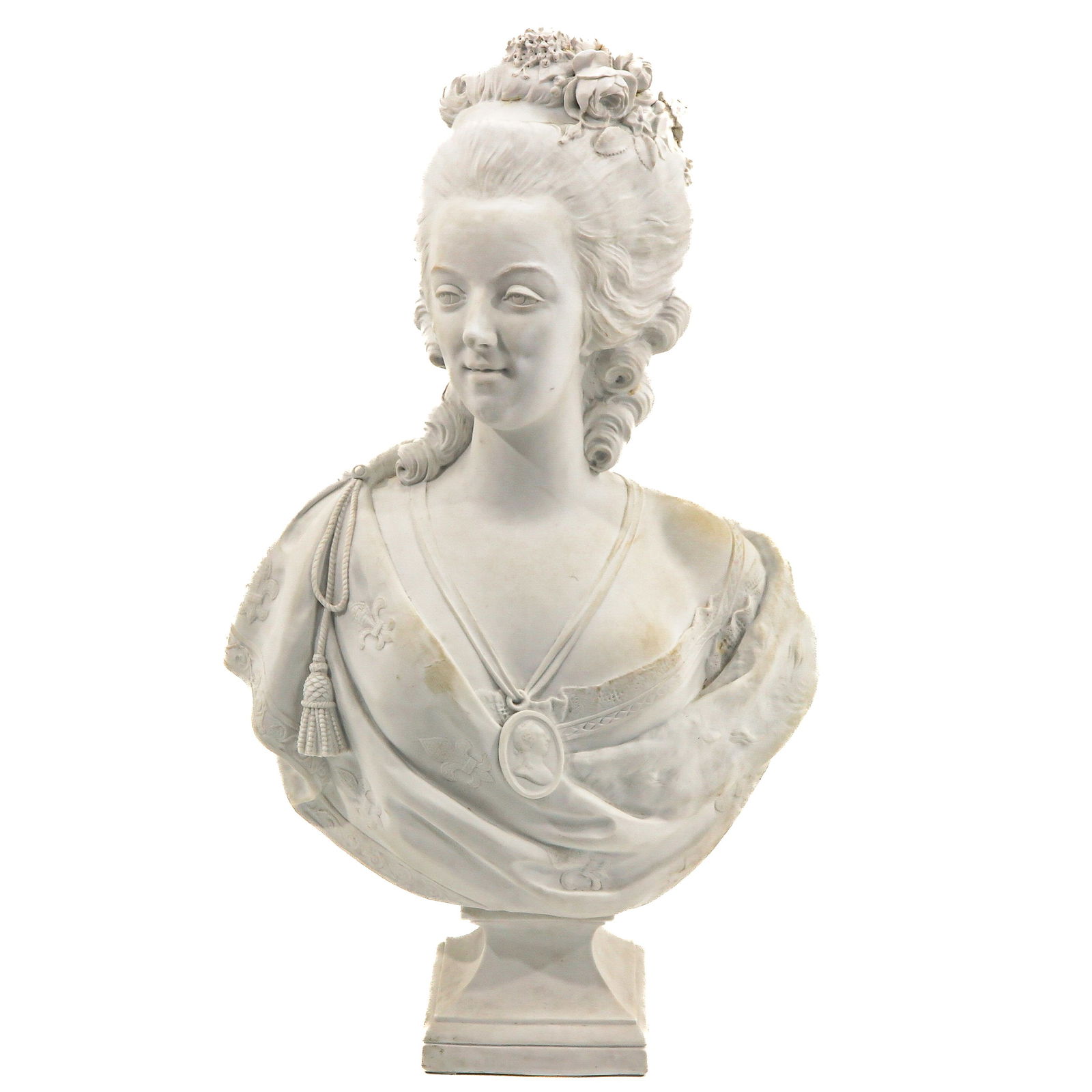 A Bisque Sculpture: depicting Marie Antoinette, biscuit, France, height 77 cm. This lot will not be shipped by us.