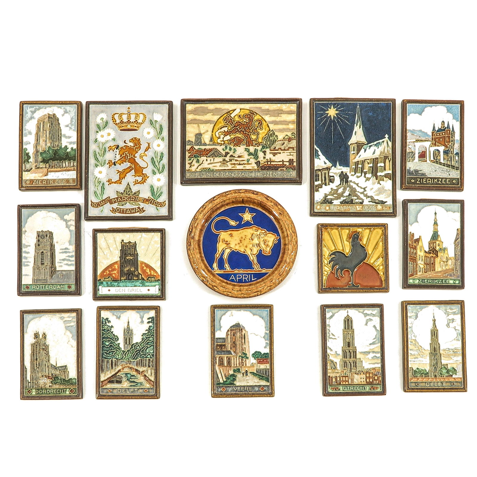 A Collection of Cloisonne Tiles and Saucer: consisting of 15 cloisonne tiles and 1 saucer, marked De Porceleyne Fles, including Zierikzee and Veere, largest 16 x 20 cm.
