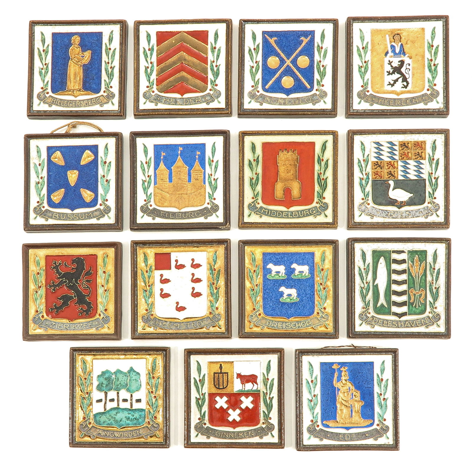 A Collection of 15 Tiles: consisting of 15 pieces of cloisonne coat of arms tiles, marked De Porceleyne Fles, including Dreischor and Delfshaven, 12 x 12 cm.