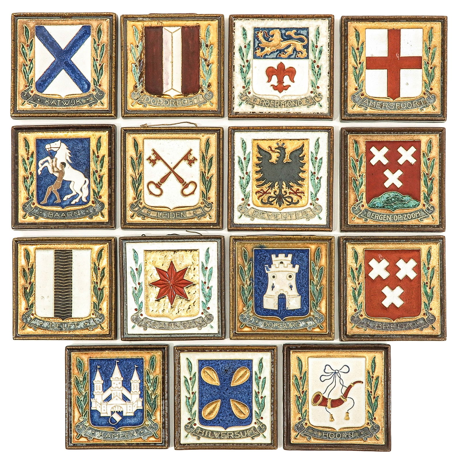 A Collection of 15 Tiles: consisting of 15 cloisonne coat of arms tiles, marked De Porceleyne Fles, including Kralingen and Hoorn, 12 x 12 cm.