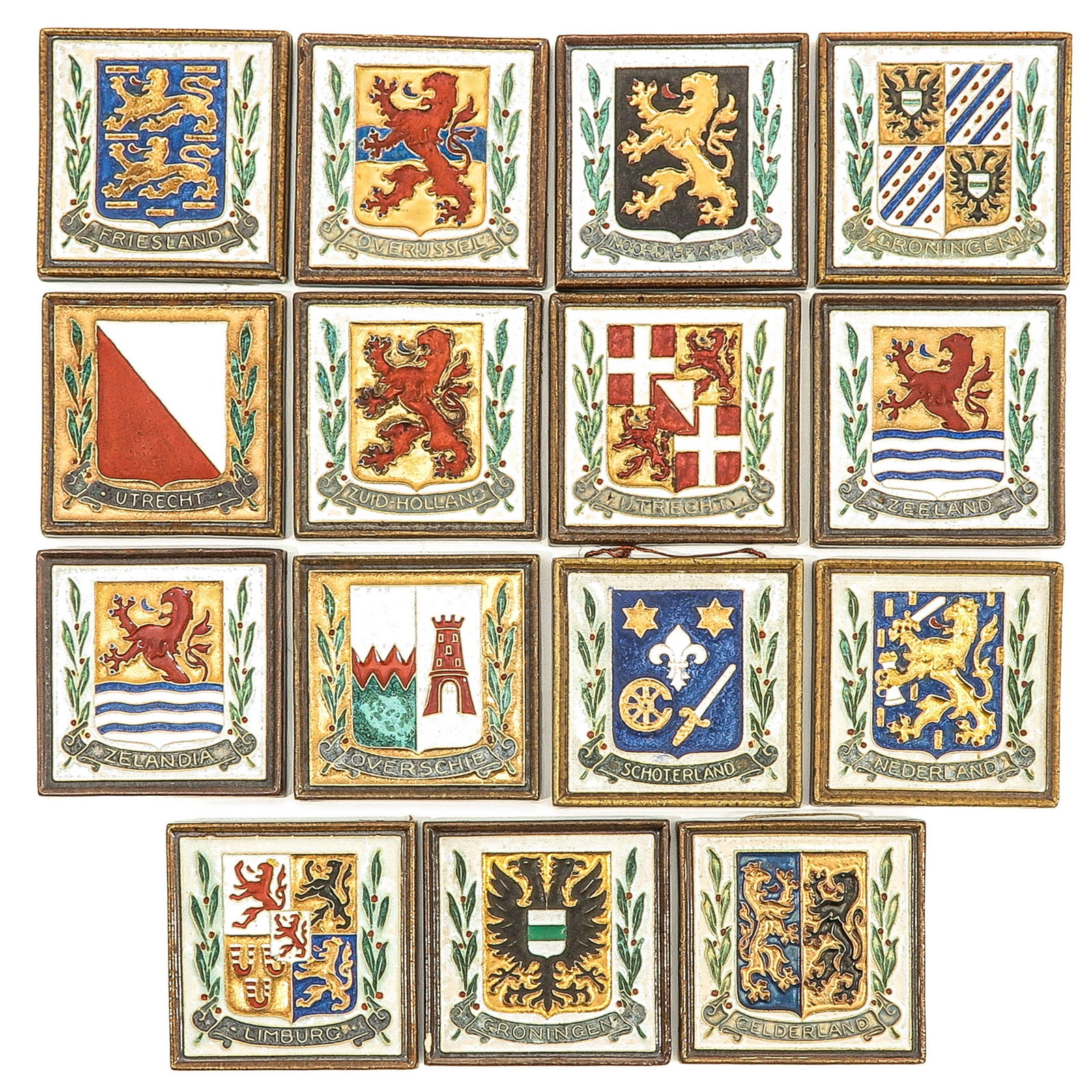 A Collection of 15 Tiles: consisting of 15 pieces of cloisonne coat of arms tiles, marked De Porceleyne Fles, including Schoterland and Zeelandia, 12 x 12 cm.