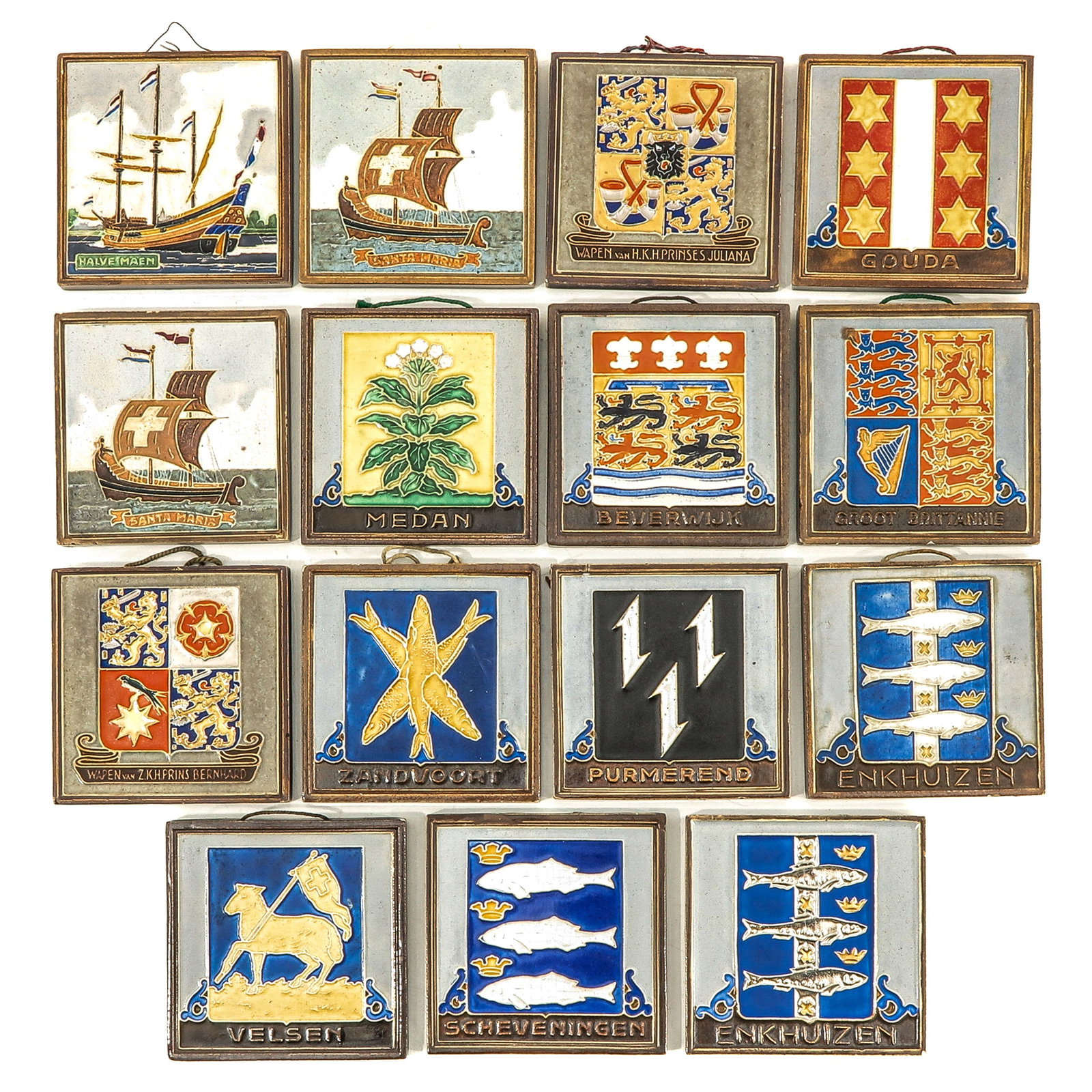 A Collection of 15 Westraven Utrecht Tiles: consisting of 15 cloisonne tiles, marked Westraven Utrecht, including Beverwijk and Halve Maen, 10 x 10 cm.