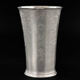 A 17th Century Dutch Silver Communion Cup: Zwolle silver, maker's mark Dionisius van Hensboom, beautiful engraving of birds, flowers and branches, height 17 cm.