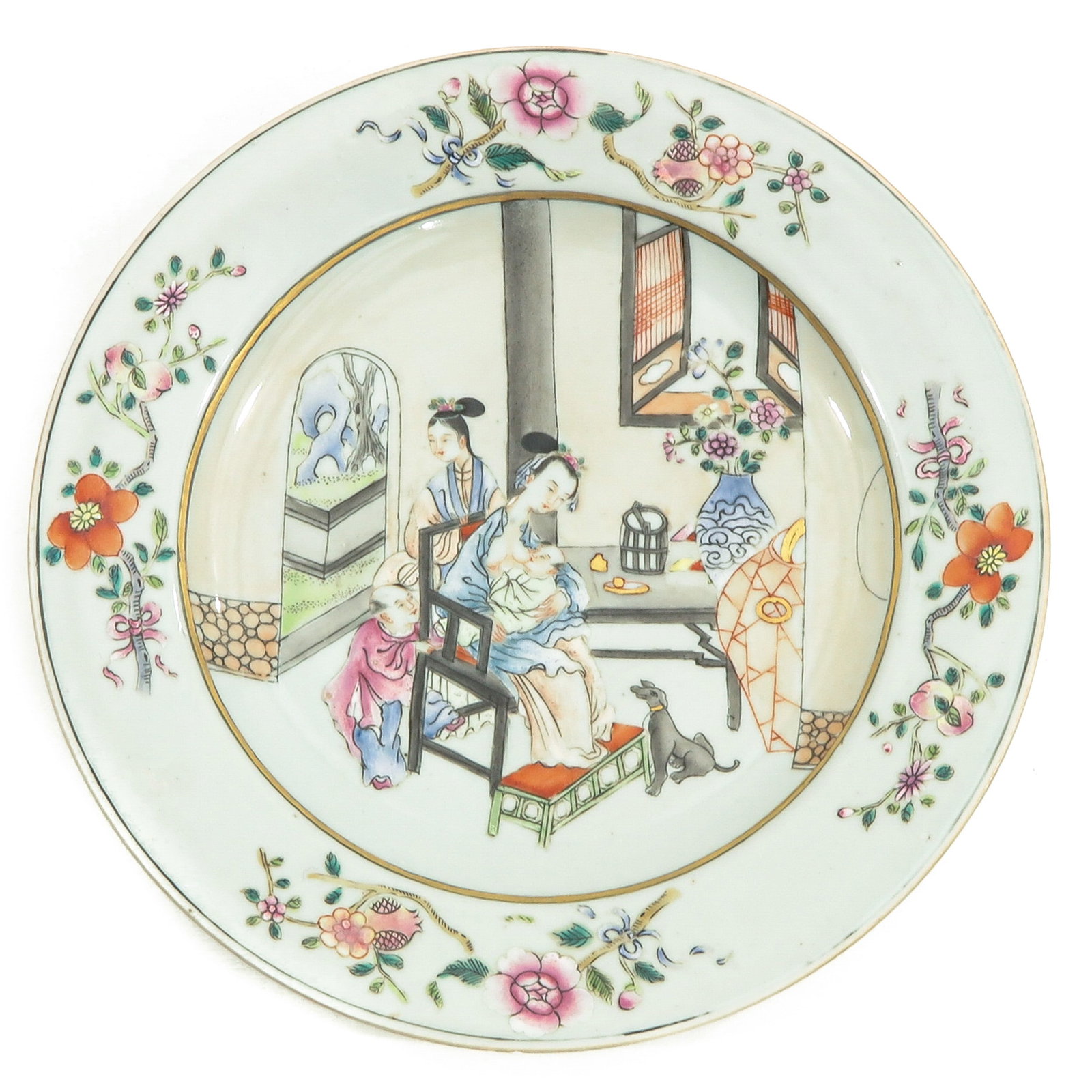 A Famille Rose Plate: Depicting Chinese lady nursing baby, 23 cm. in diameter, chip.