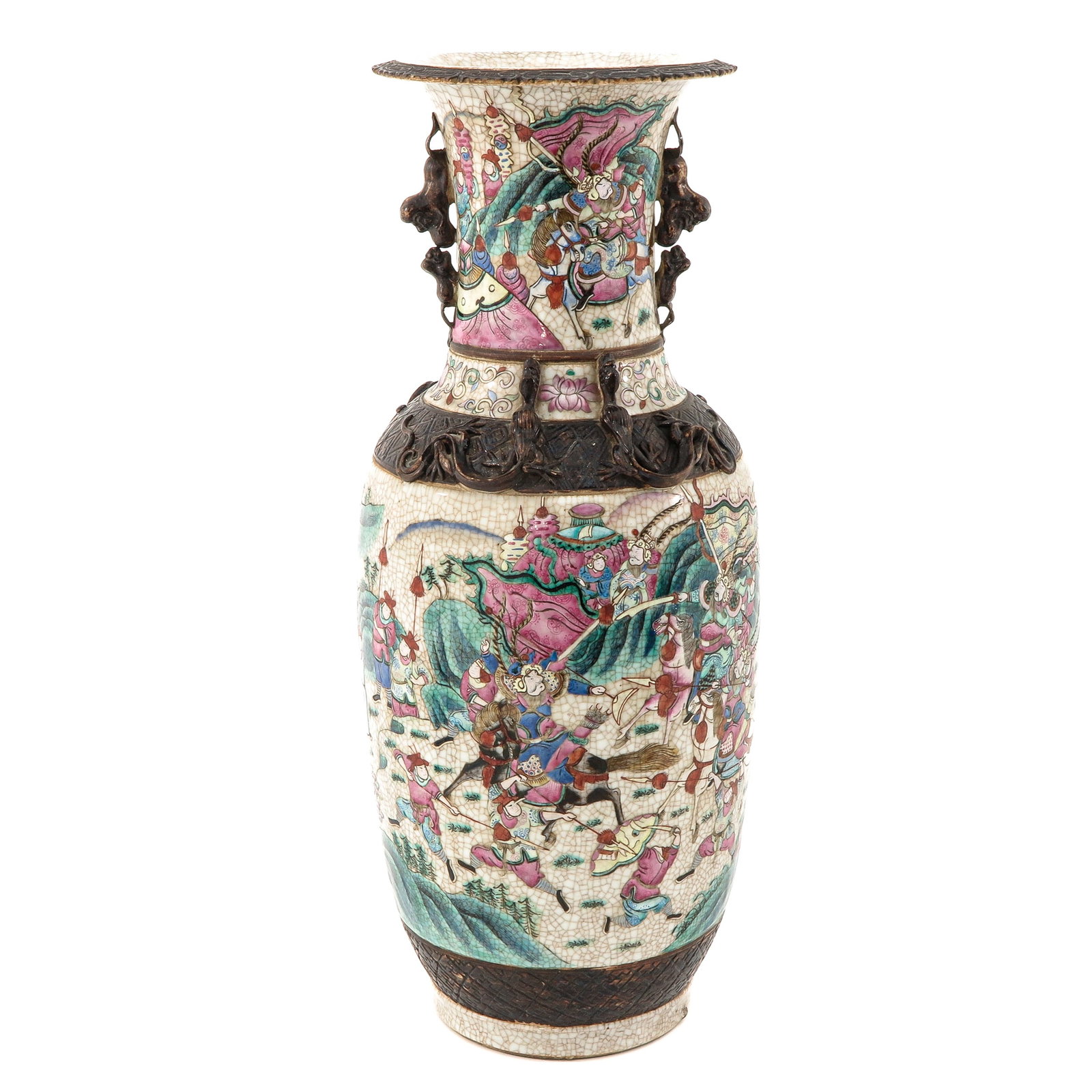 A Nanking Vase: Decorated with Chinese warriors on horseback, 61 cm. tall, chip on rim.