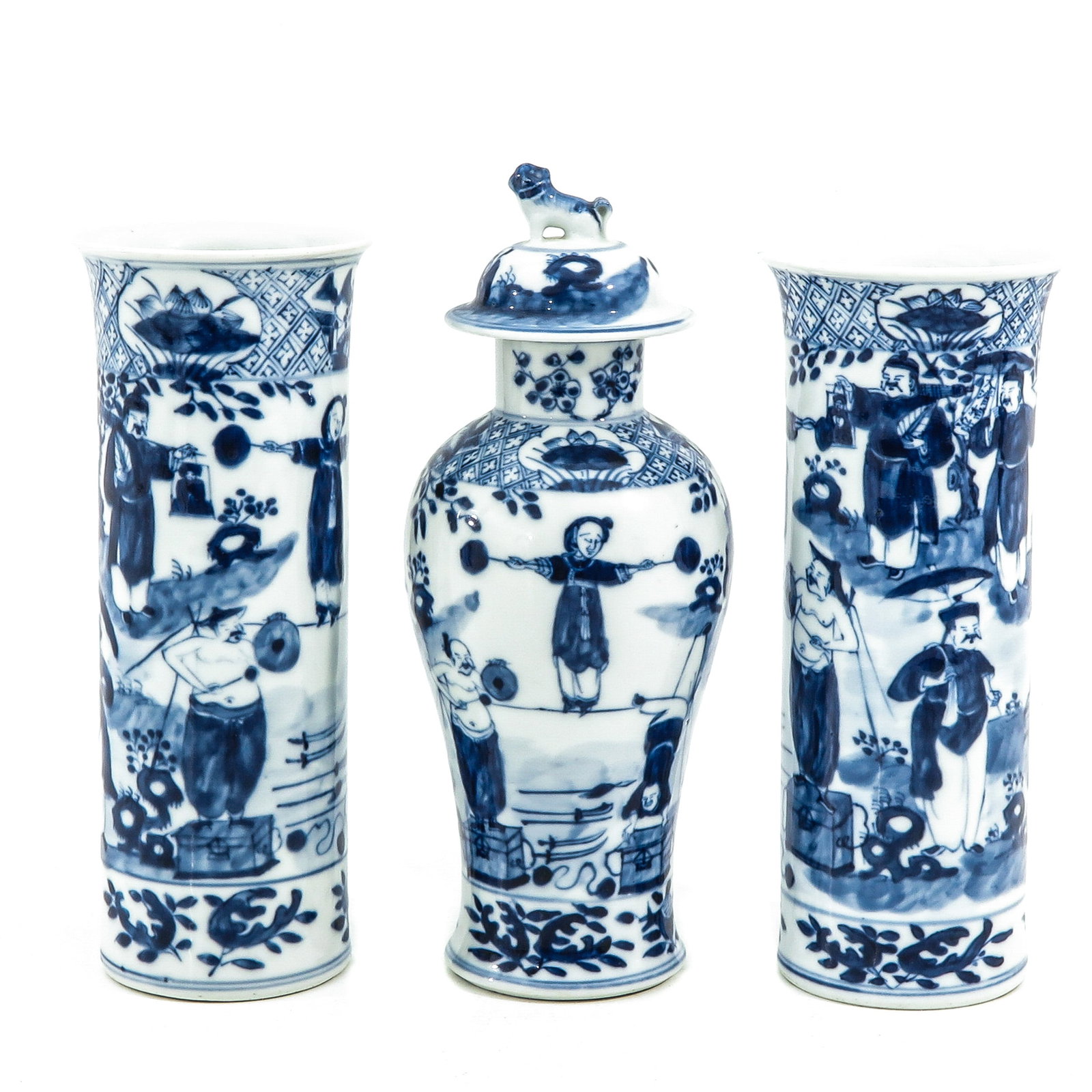 A Collection of 3 Blue and White Garniture Vases: Decorated with Chinese figures in garden, Kangxi mark, 23. cm. tall, chip.