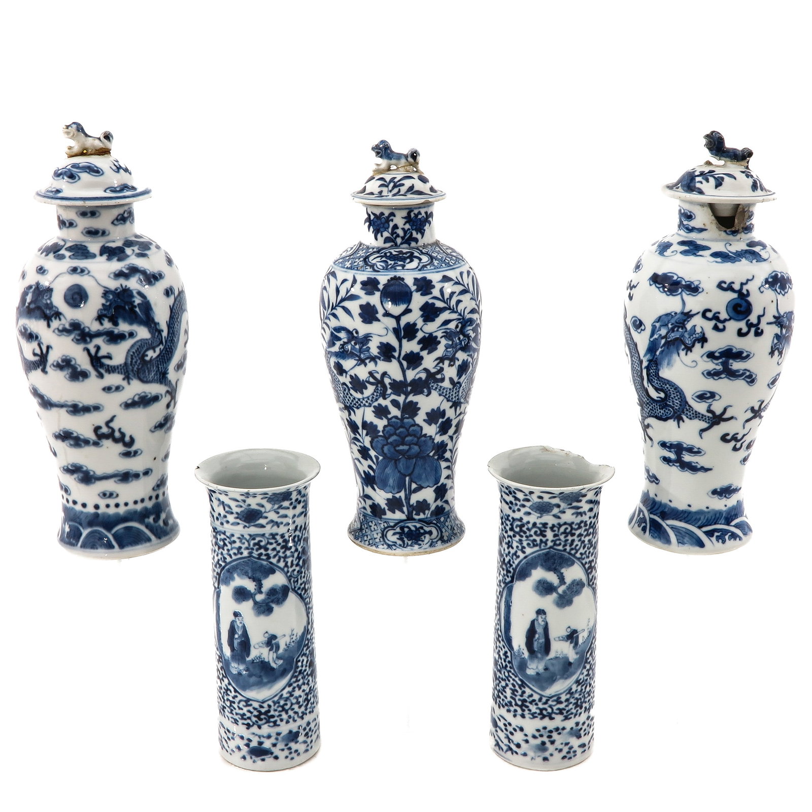 A Collection of 5 Garniture Vases: Depicting scene with dragons, clouds, and Chinese figures in garden, including Kangxi mark, tallest vase is 28 cm., in diverse conditions.