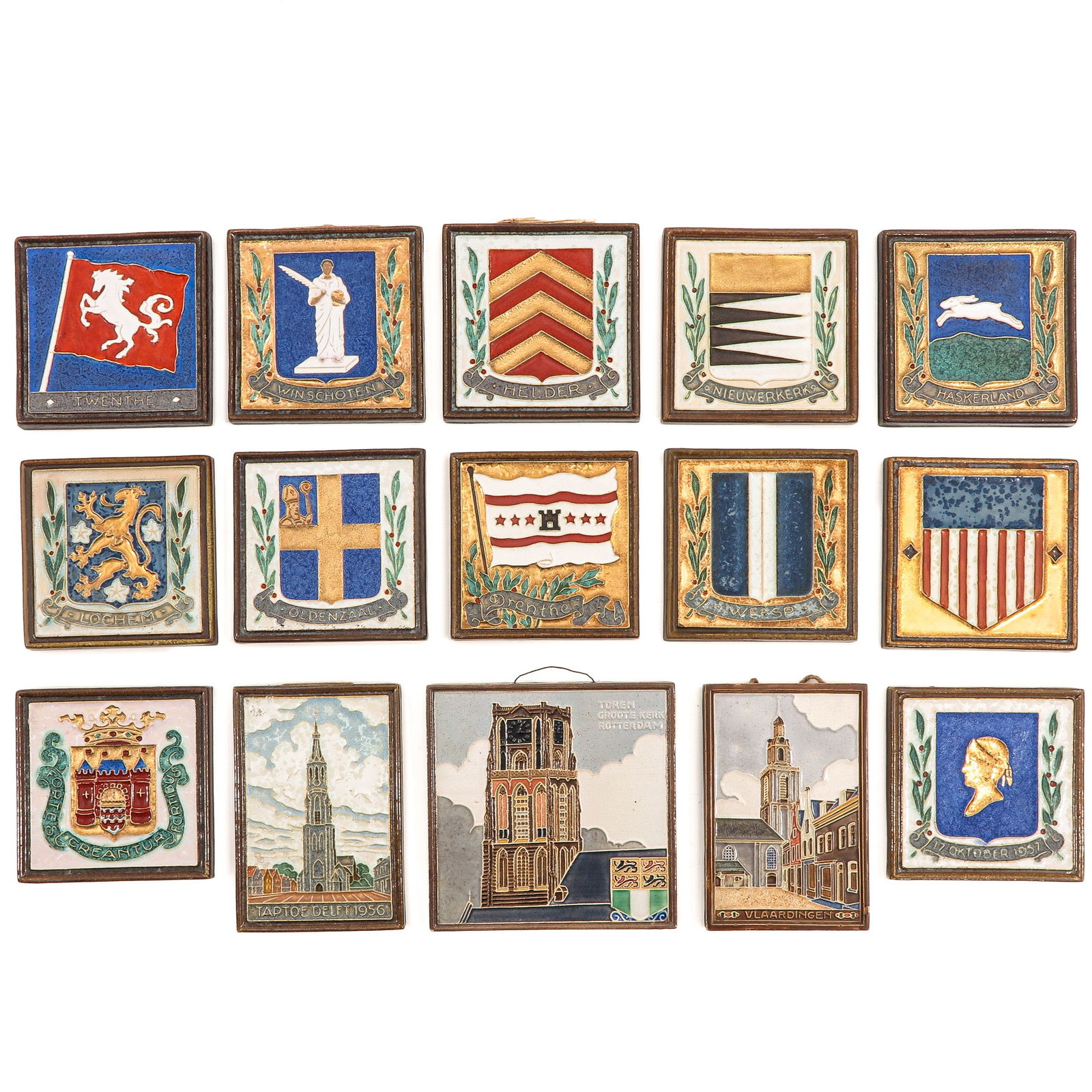 A Collection of 15 Cloisonne Tiles: Consisting of 15 cloisonne tiles, marked Porceleyne Fles, largest 15 x 15 cm.