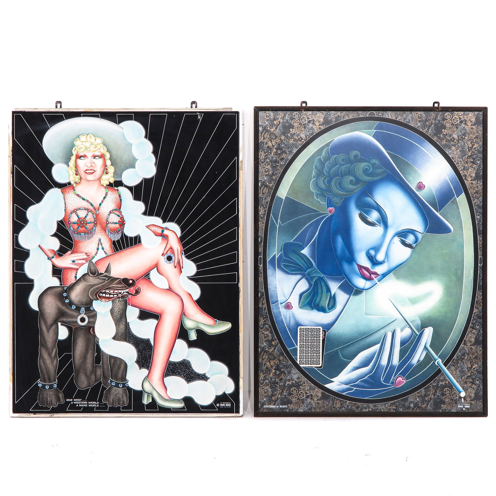 A Lot of 2 Works of Art: Consisting of 2 frames, including mixed media, depiction of Mae West with Romulus, 78 x 103 cm.
