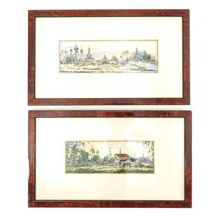 A Lot of 2 Watercolors: consisting of 2 watercolours, signed Alexandre Benois 1935, depicting Russian landscape with churches, largest 19 x 6 cm.