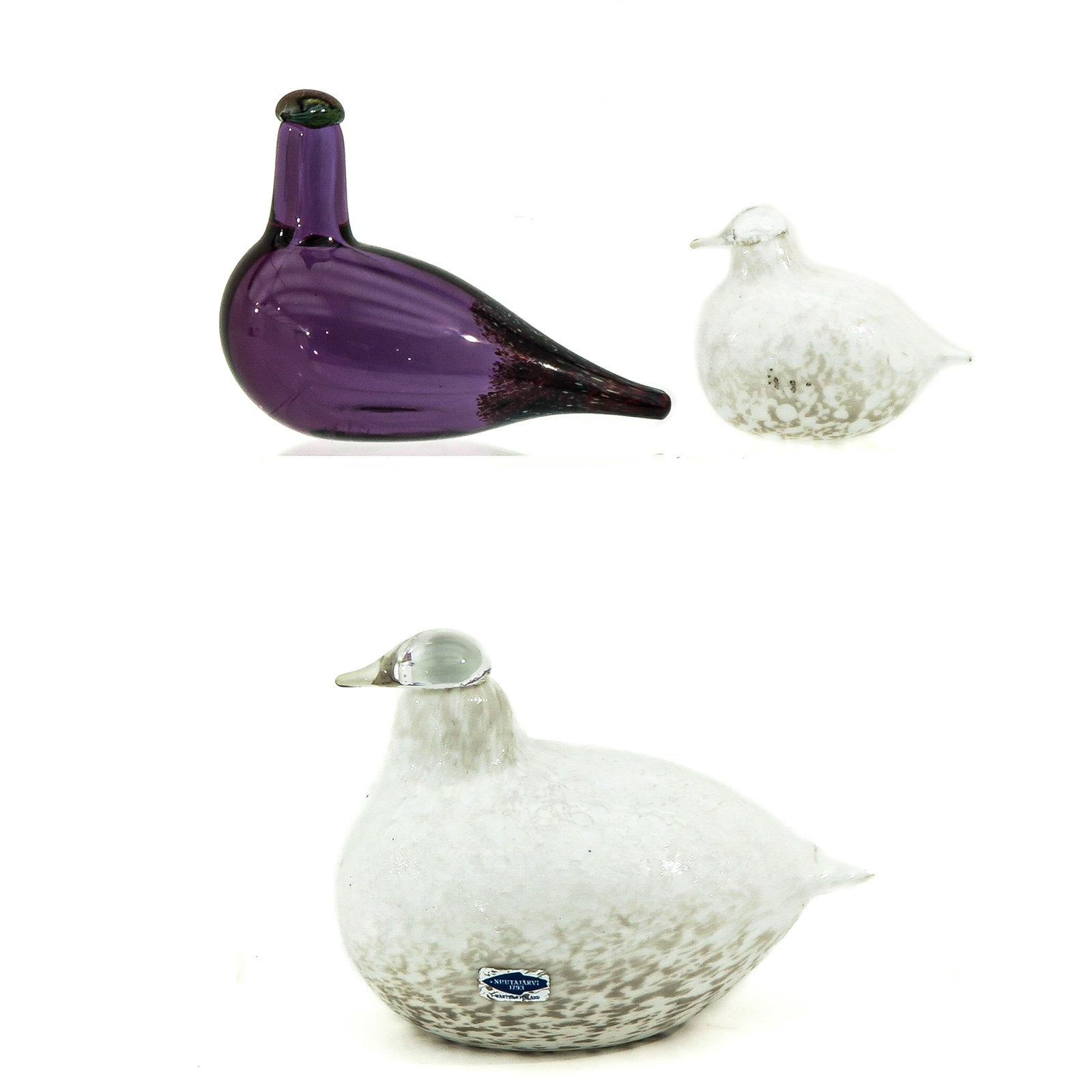 A Collection of Oiva Toikka Birds: 3 birds, Oiva Toikka, including purple marsh duck, ca. 1993 12 x 9 x 6 cm.