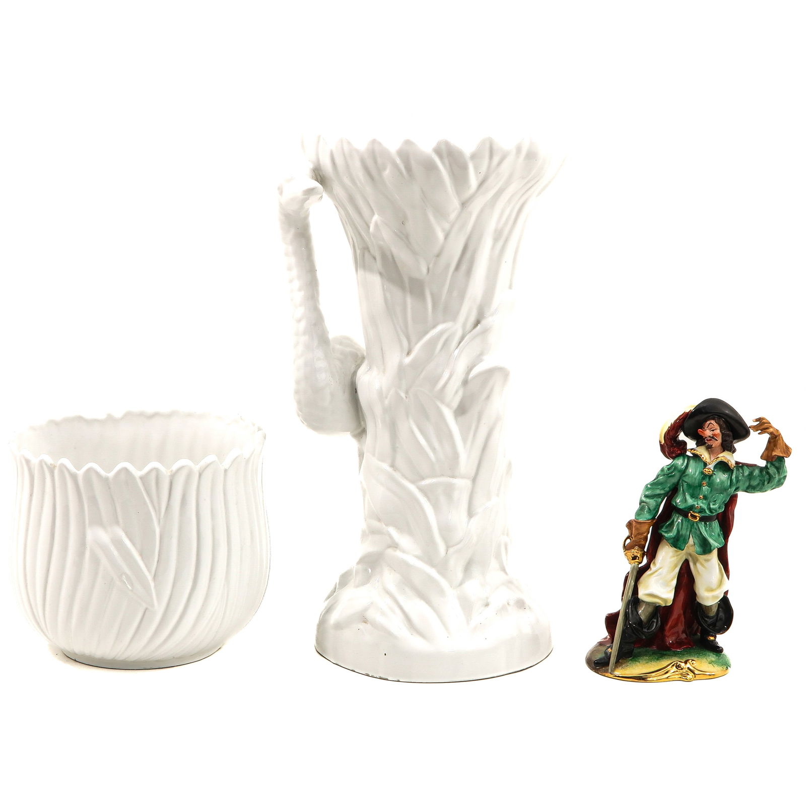 A Cache Pot and Sculpture: Consisting of cache pot and Capodimonte Cyrano sculpture, cache pot height 80 cm.