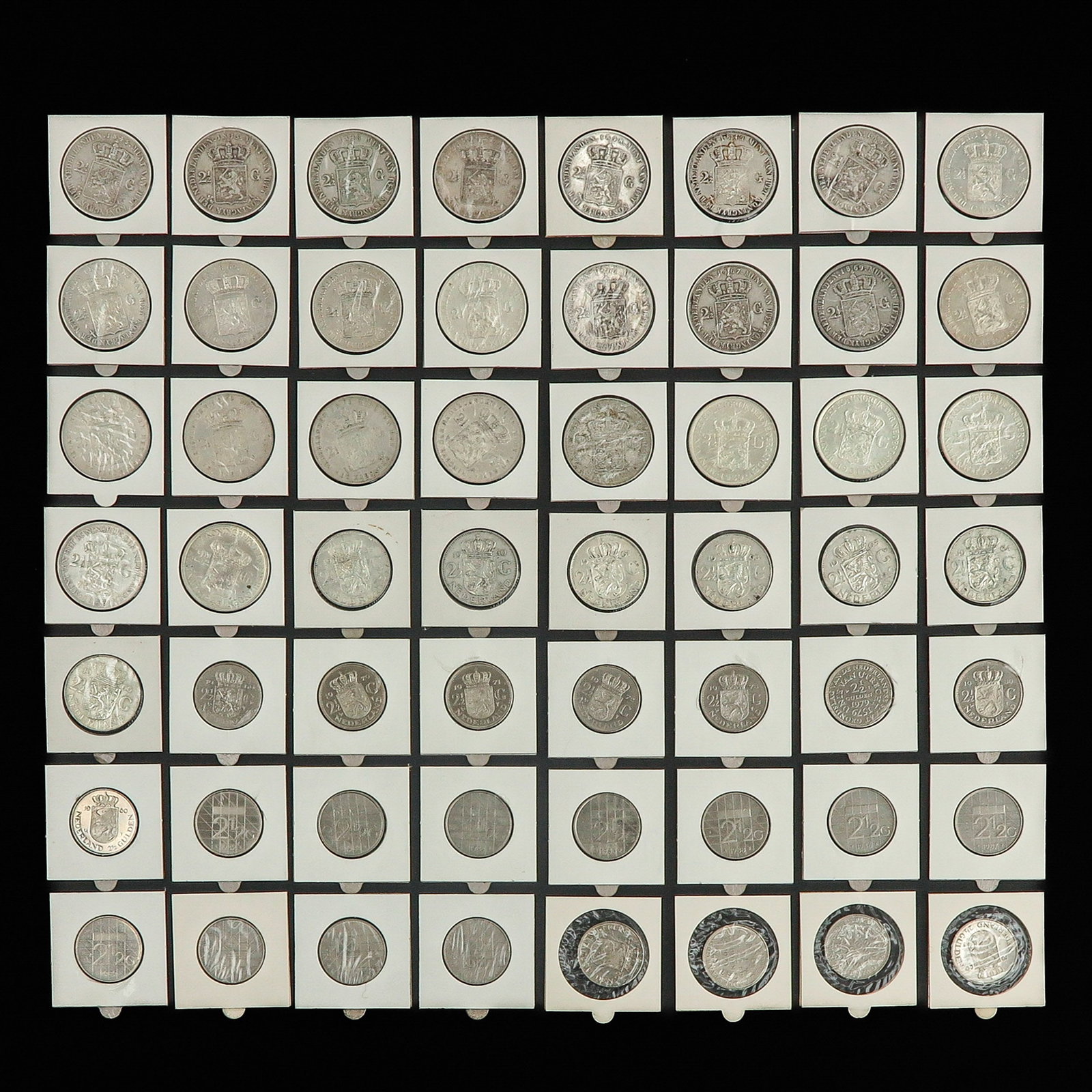 A Collection of 56 Coins: 2 1/2 guilders, including dated 1845