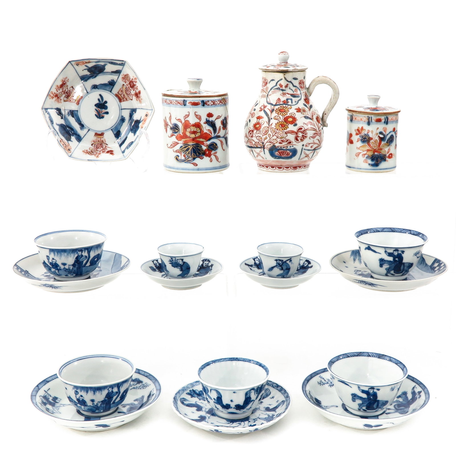A Collection of Porcelain: 18 pieces, including 18th Century creamer with Imari decor, creamer is 12 cm. tall, in diverse conditions.