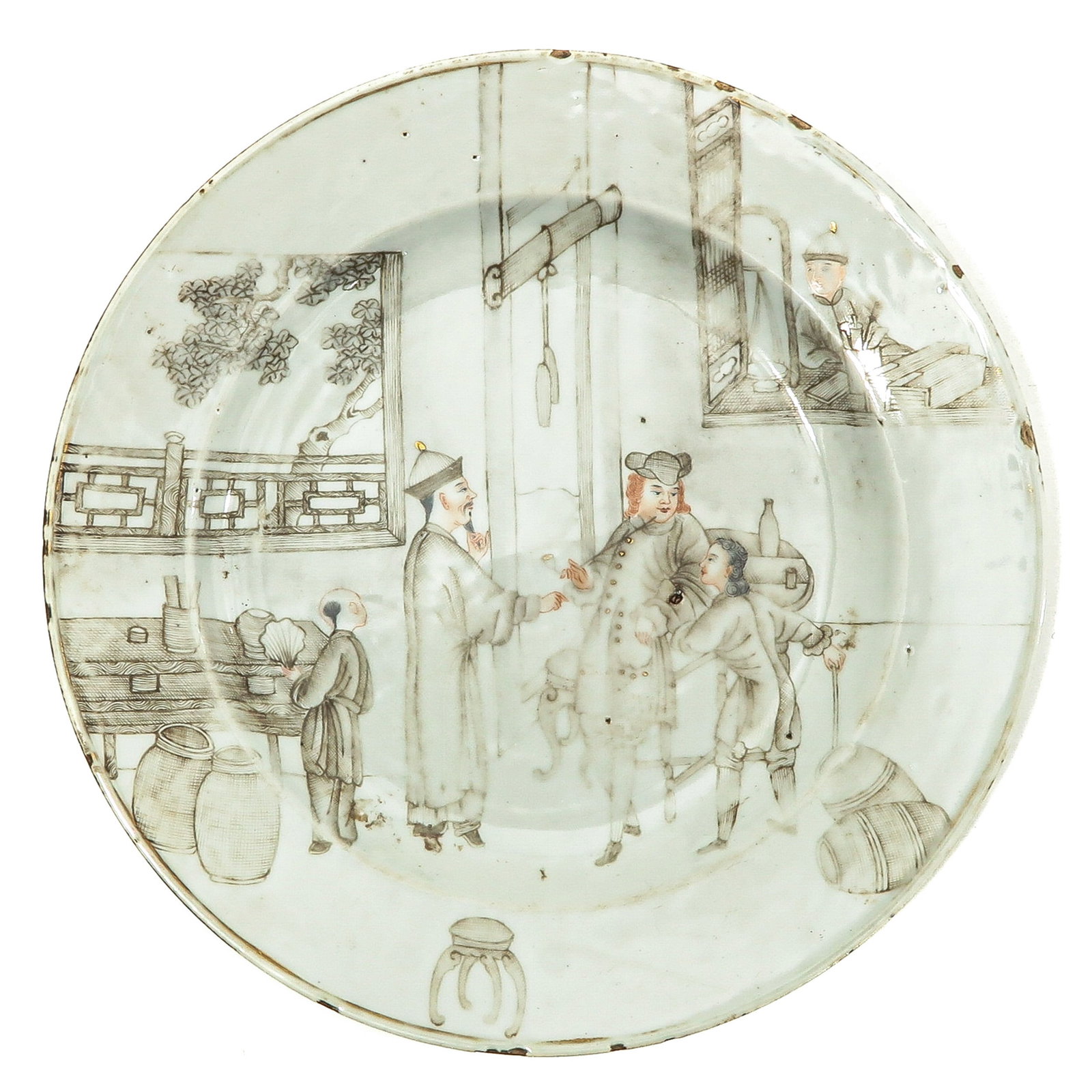An Encre de Chine Decor Plate: Depicting scene with European figures, 24 cm. in diameter, chip.